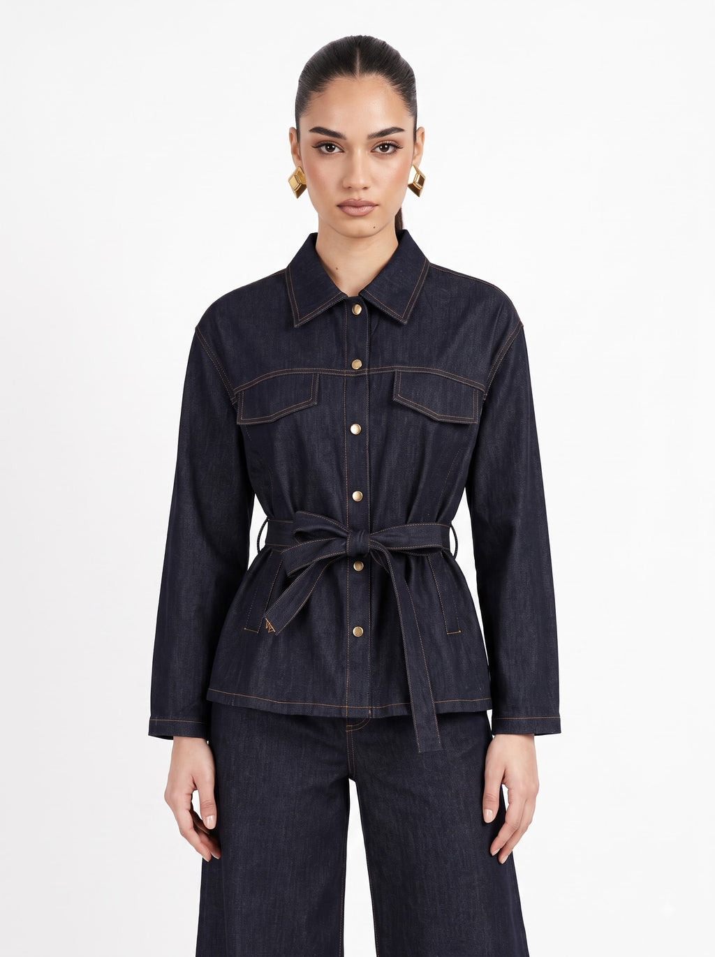 Belted Contrast-Stitch Jacket & Trousers Indigo Blue Co-ord Set