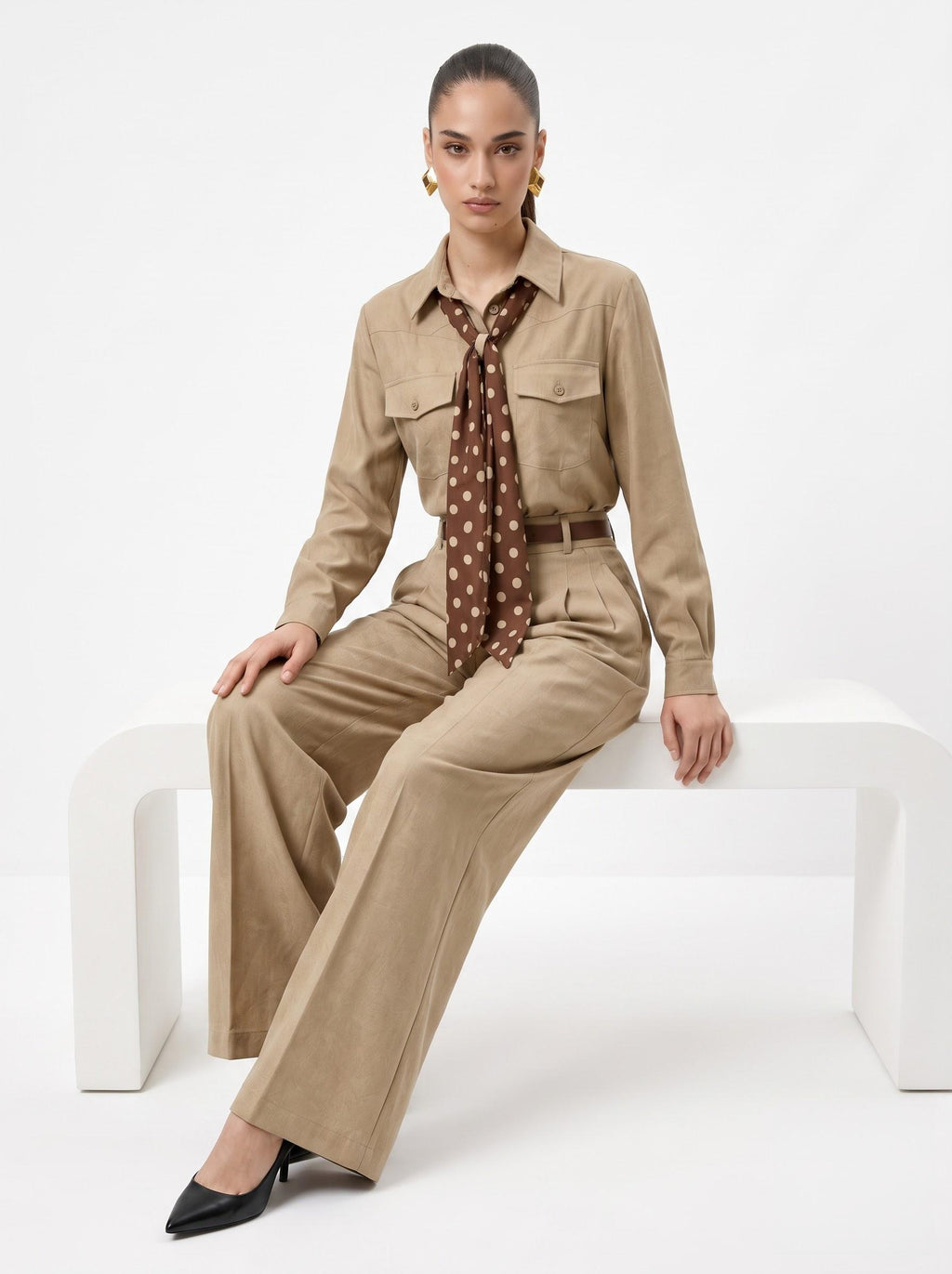 Utility Shirt, Polka Dot Silk Scarf, Leather Belt & Trousers camel brown 4-Piece Set