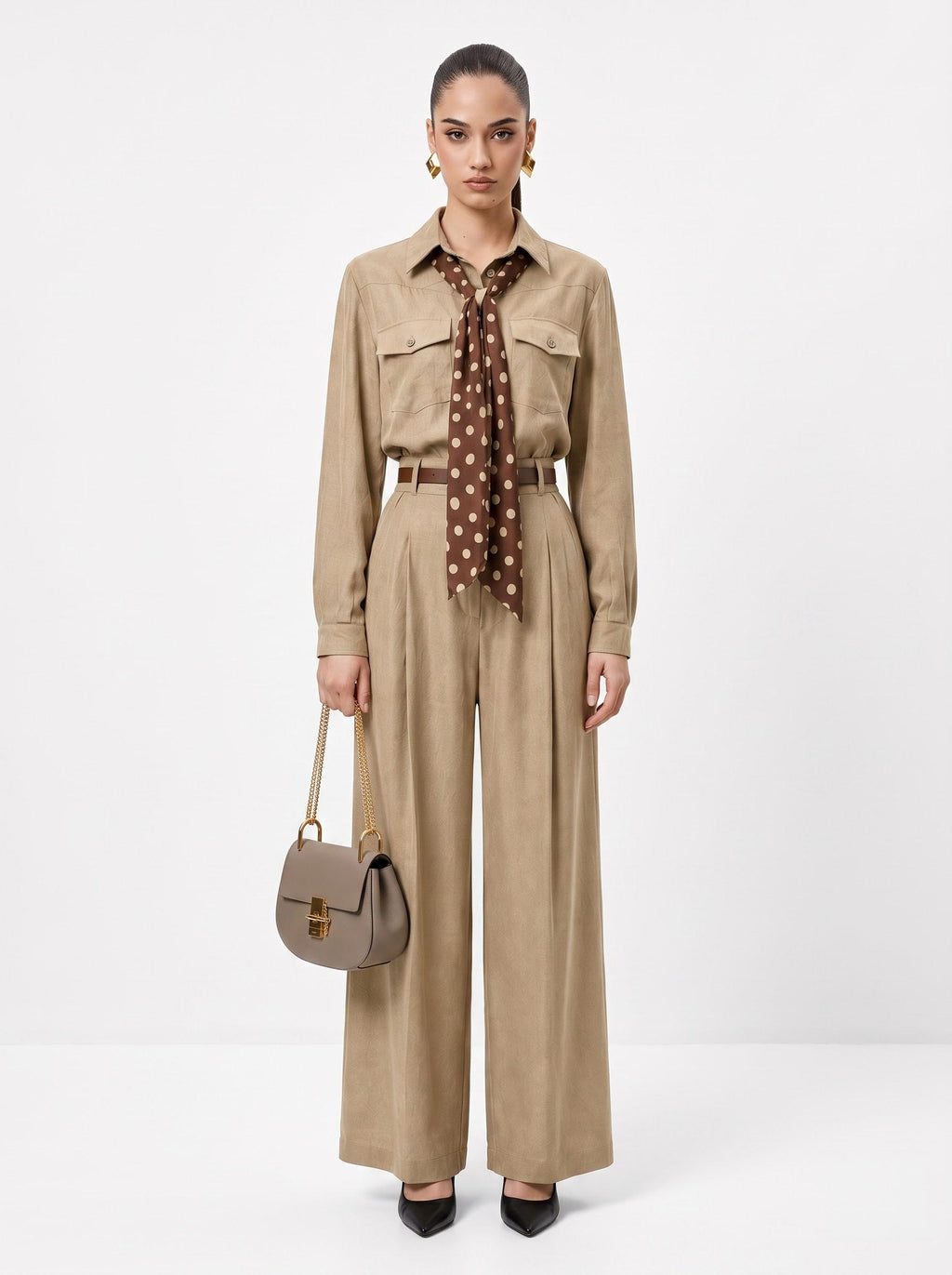 Utility Shirt, Polka Dot Silk Scarf, Leather Belt & Trousers camel brown 4-Piece Set