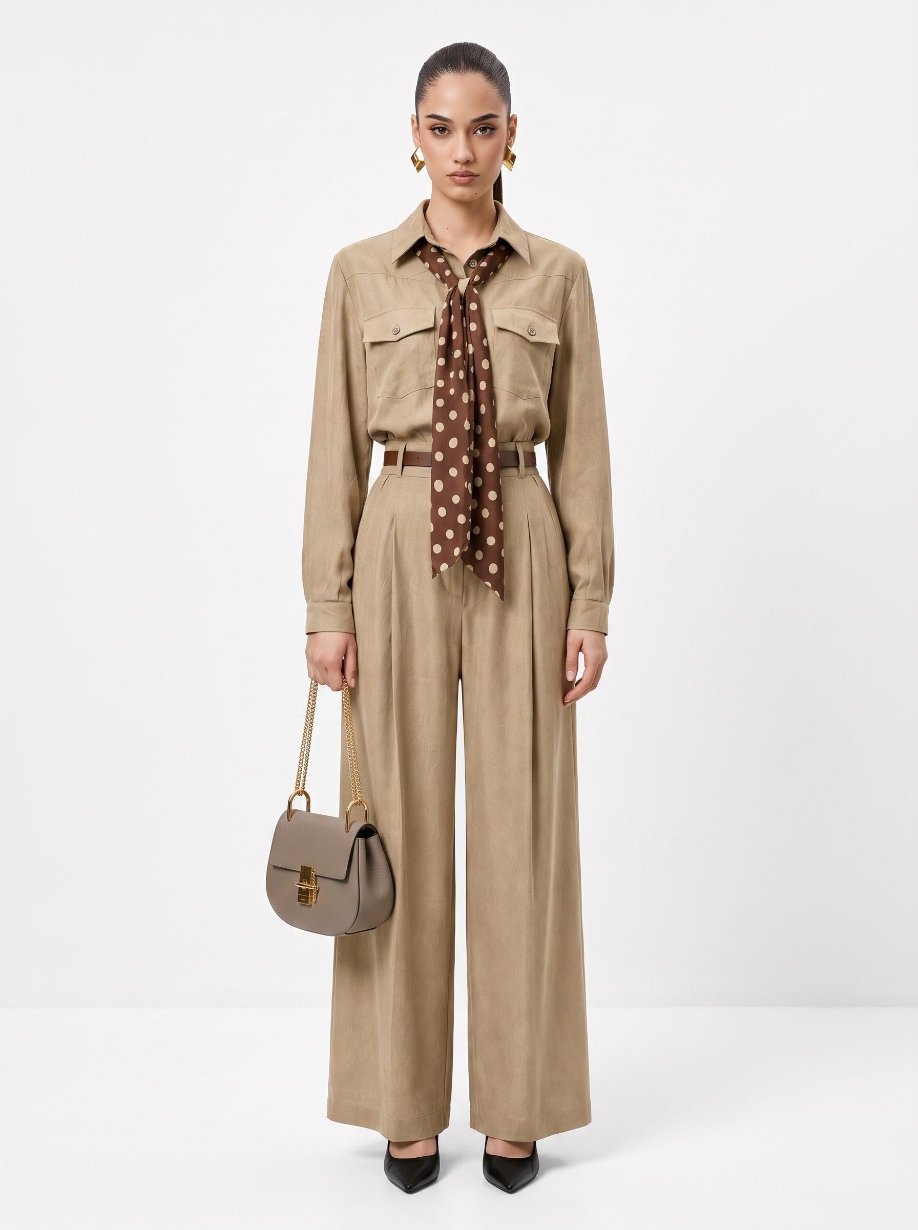 Utility Shirt, Polka Dot Silk Scarf, Leather Belt & Trousers camel brown 4-Piece Set