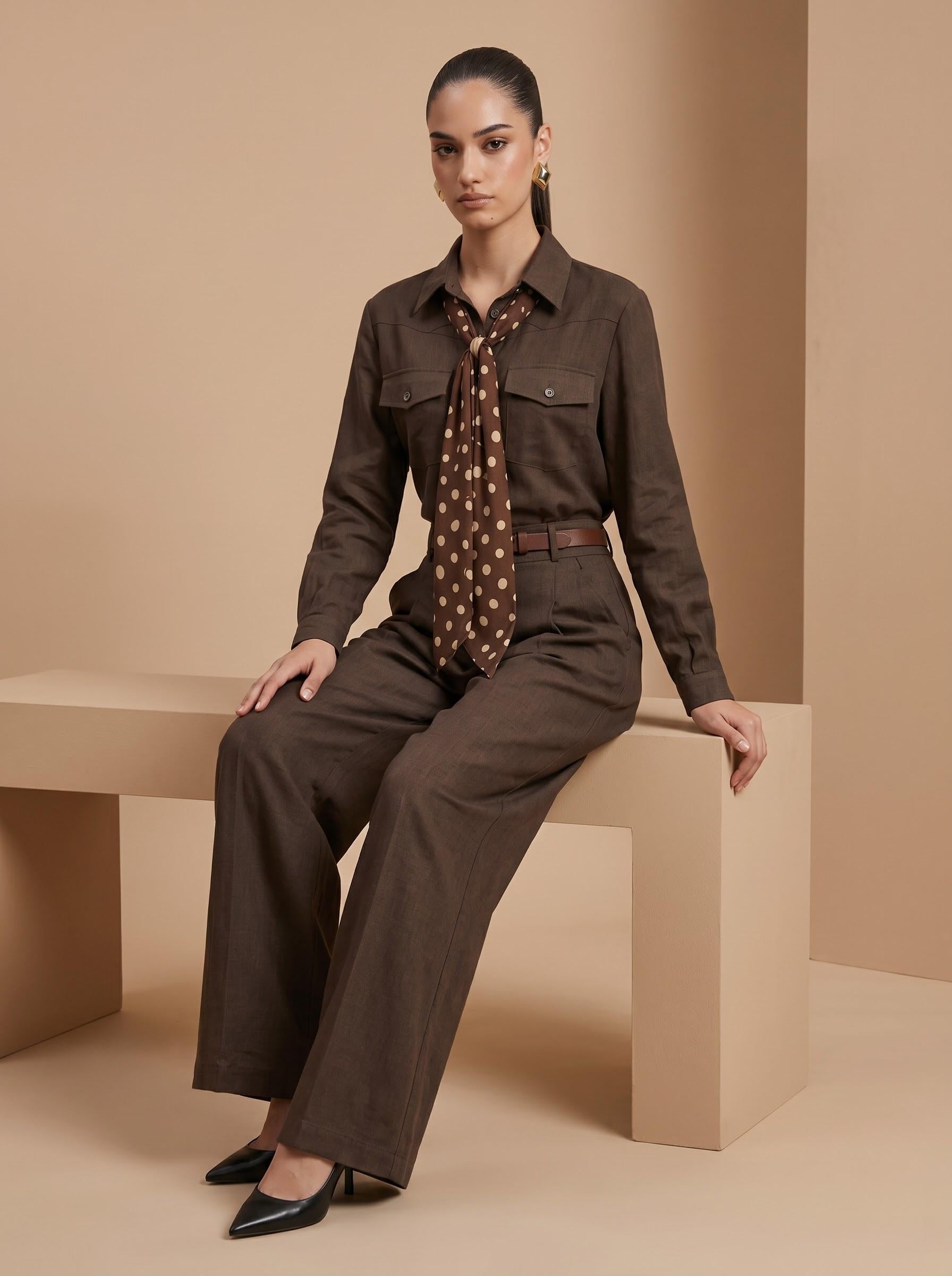 Utility Shirt, Polka Dot Silk Scarf, Leather Belt & Trousers Chocolate Brown 4-Piece Set