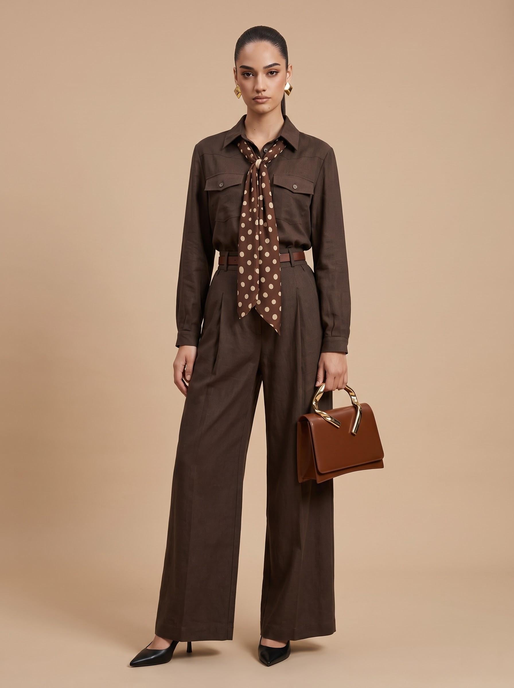 Utility Shirt, Polka Dot Silk Scarf, Leather Belt & Trousers Chocolate Brown 4-Piece Set