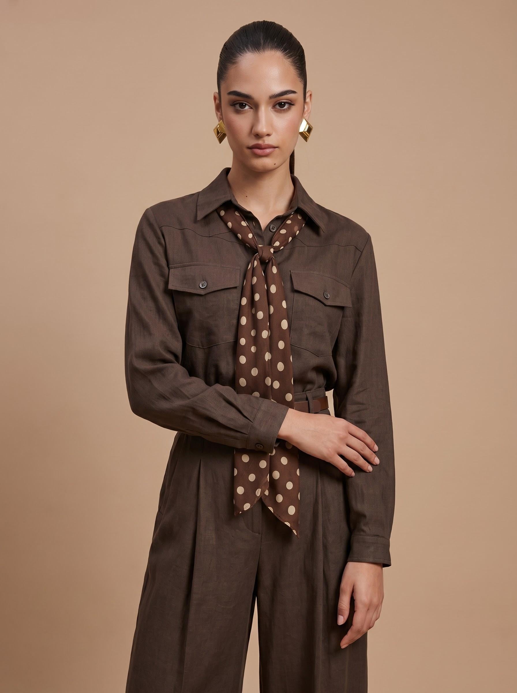 Utility Shirt, Polka Dot Silk Scarf, Leather Belt & Trousers Chocolate Brown 4-Piece Set