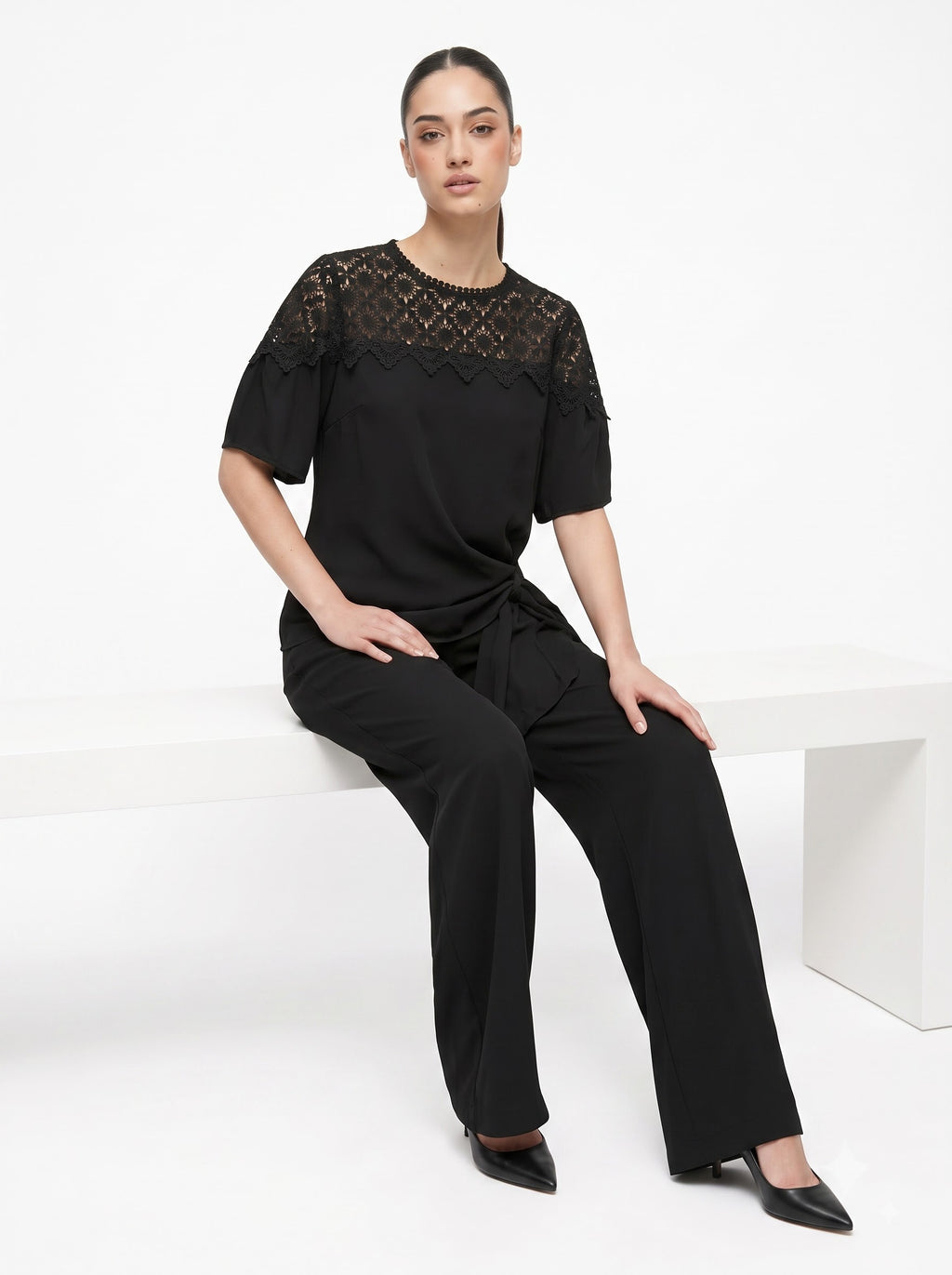 Lace Yoke Side-Tie Top & Wide-Leg Trousers black Co-ord Set