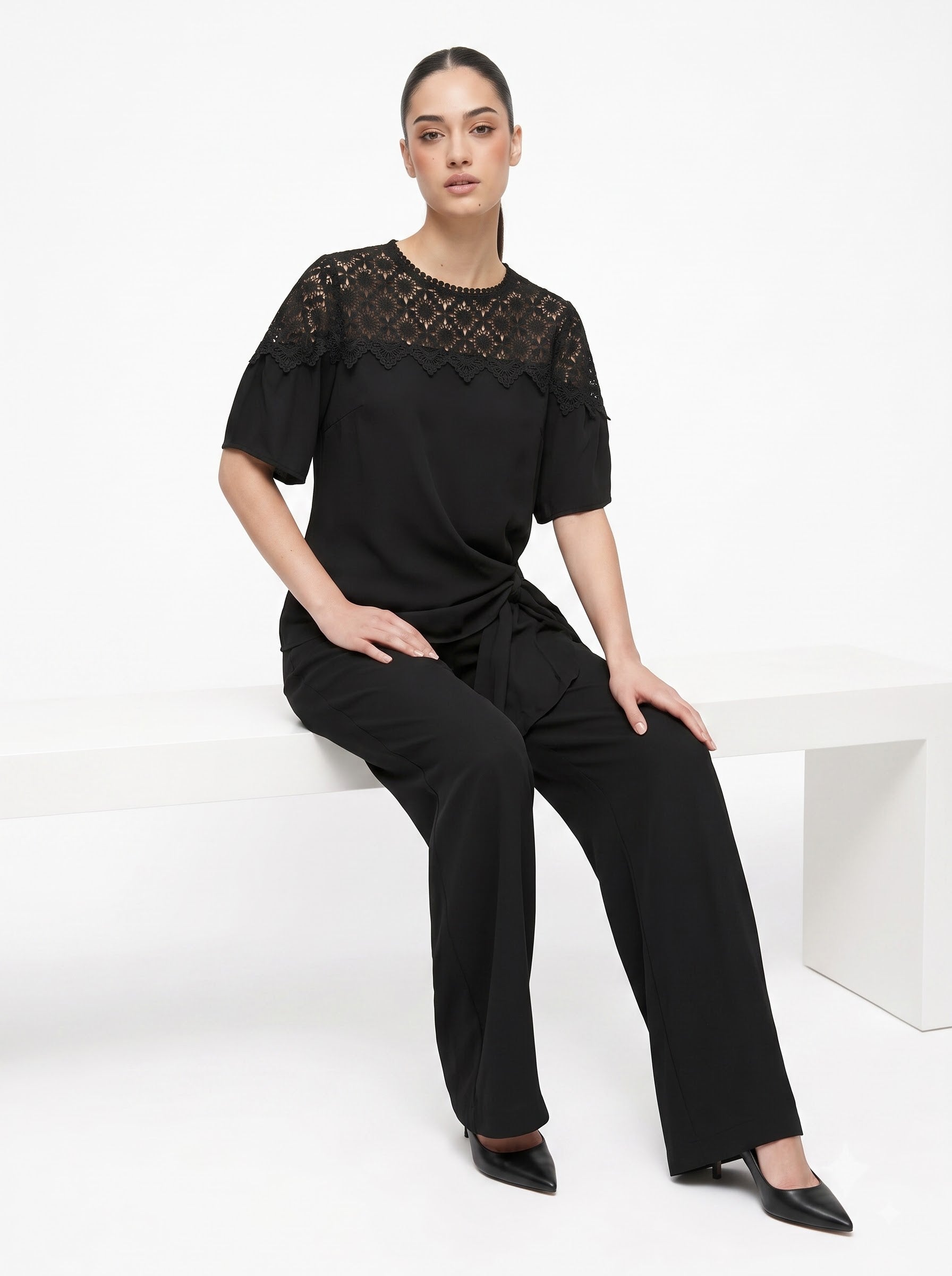 Lace Yoke Side-Tie Top & Wide-Leg Trousers black Co-ord Set