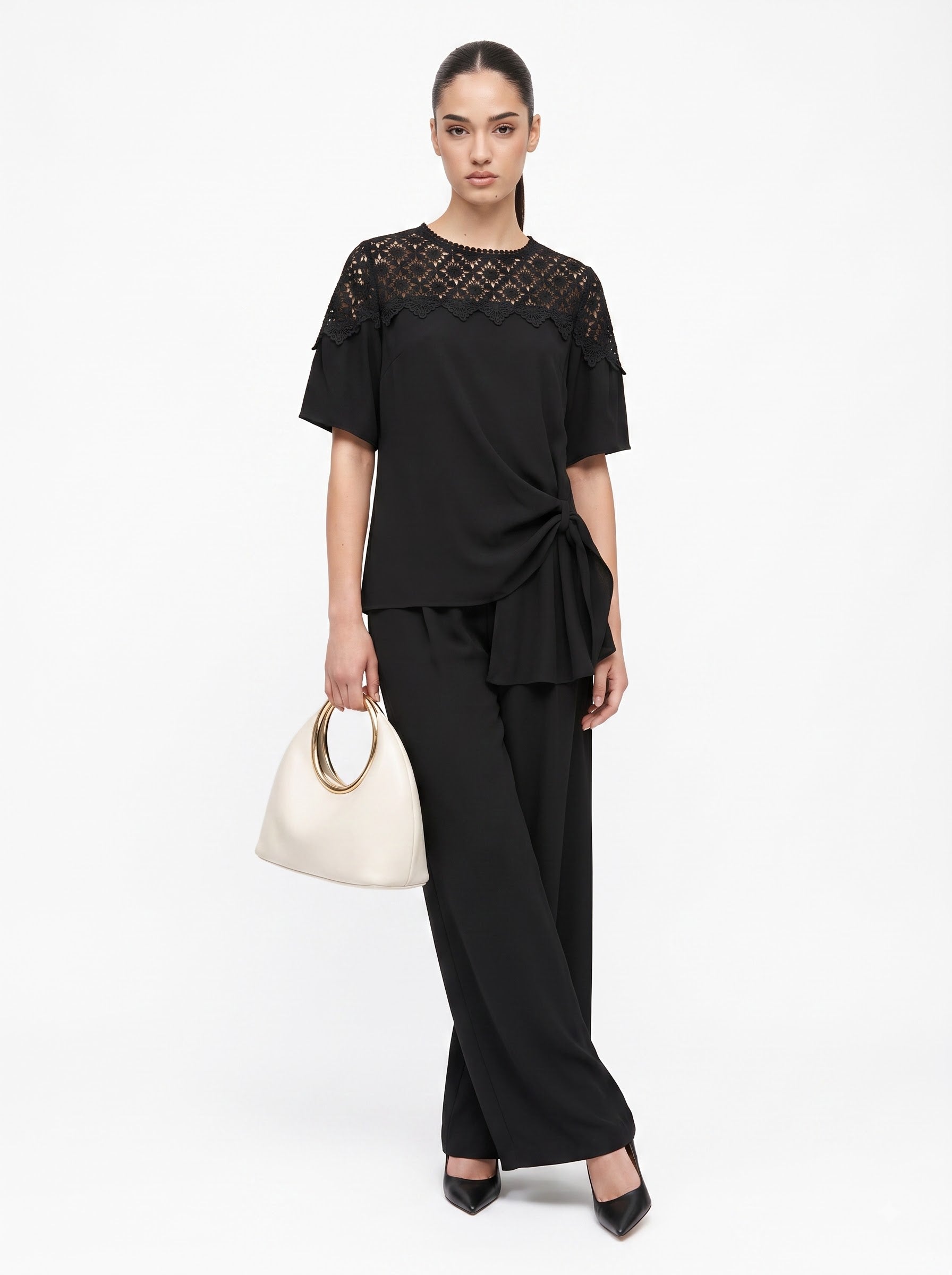 Lace Yoke Side-Tie Top & Wide-Leg Trousers black Co-ord Set