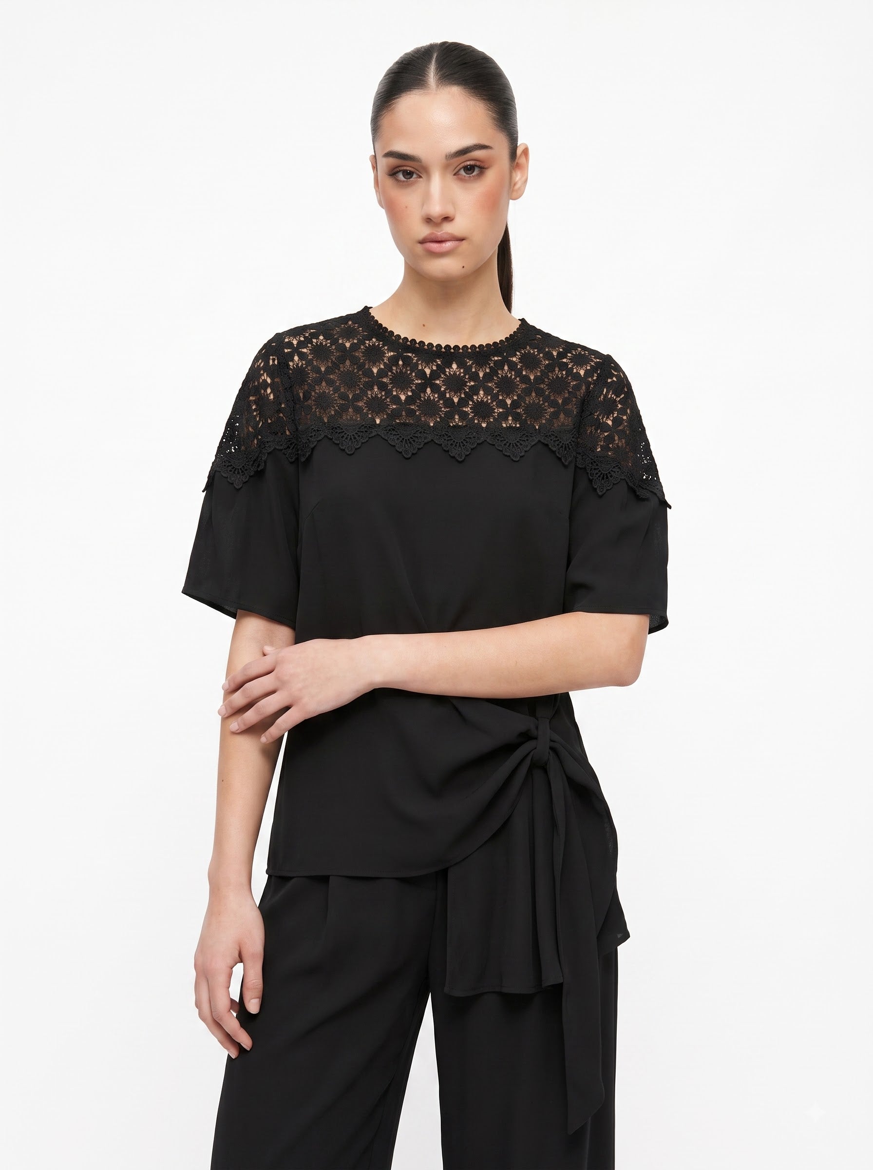 Lace Yoke Side-Tie Top & Wide-Leg Trousers black Co-ord Set