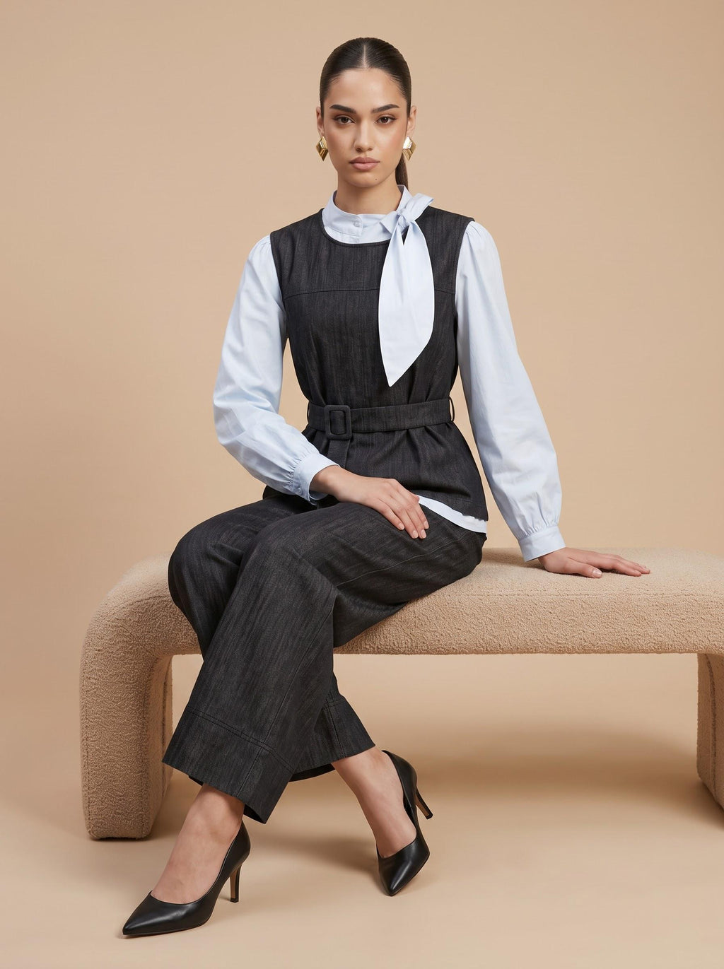 Tie-Neck Shirt, Belted Waistcoat & Trousers Charcoal Denim-Look 3-Piece Set