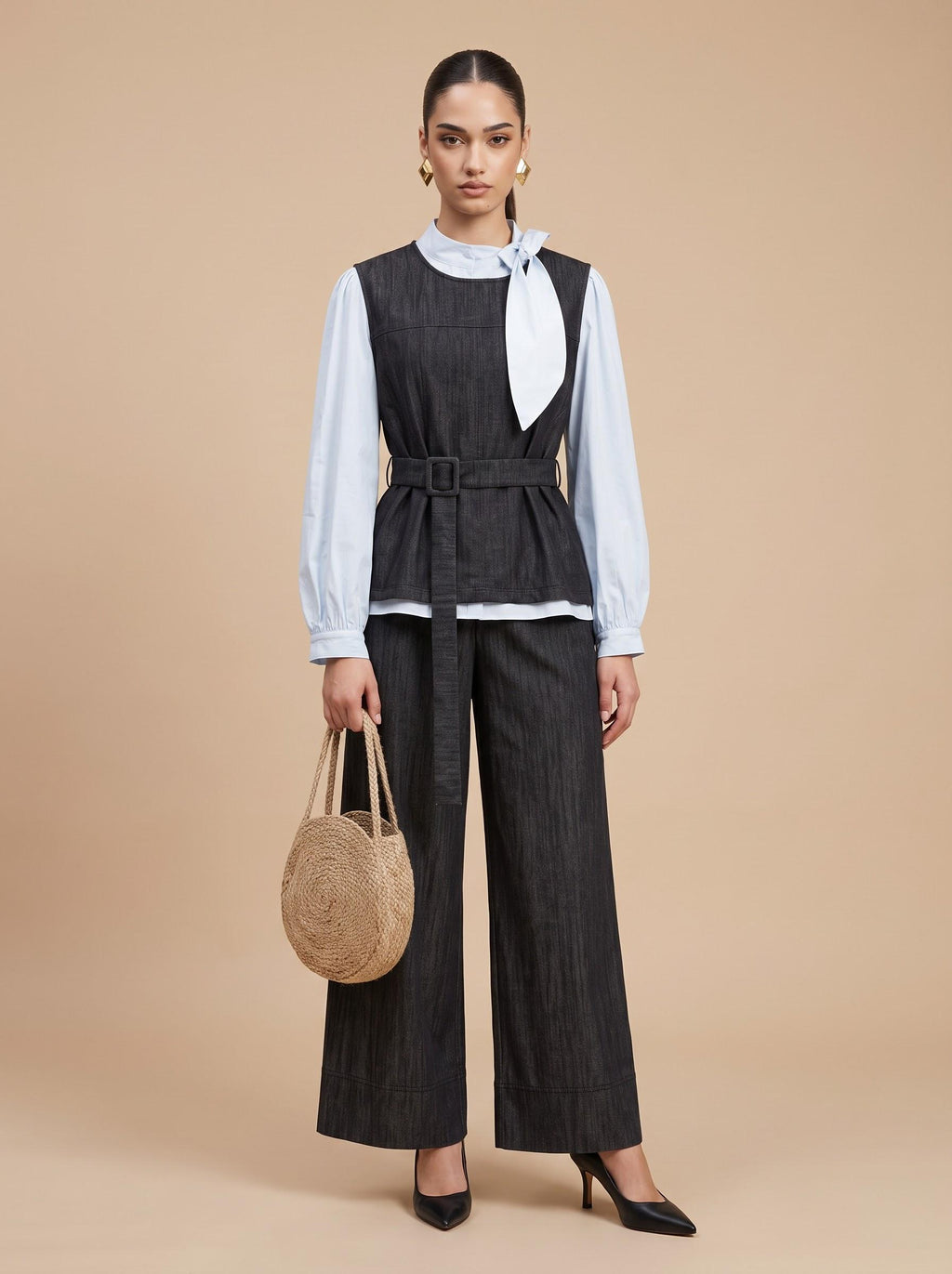 Tie-Neck Shirt, Belted Waistcoat & Trousers Charcoal Denim-Look 3-Piece Set