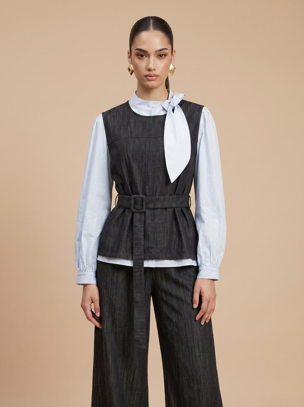 Tie-Neck Shirt, Belted Waistcoat & Trousers Charcoal Denim-Look 3-Piece Set