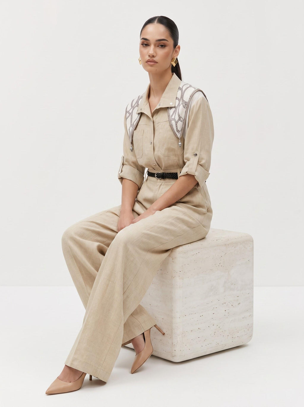 Printed Scarf Shirt & Wide-Leg Trousers Light beige 3-Piece Set