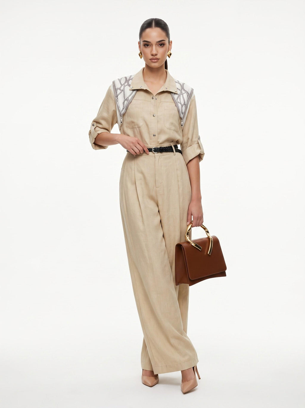 Printed Scarf Shirt & Wide-Leg Trousers Light beige 3-Piece Set