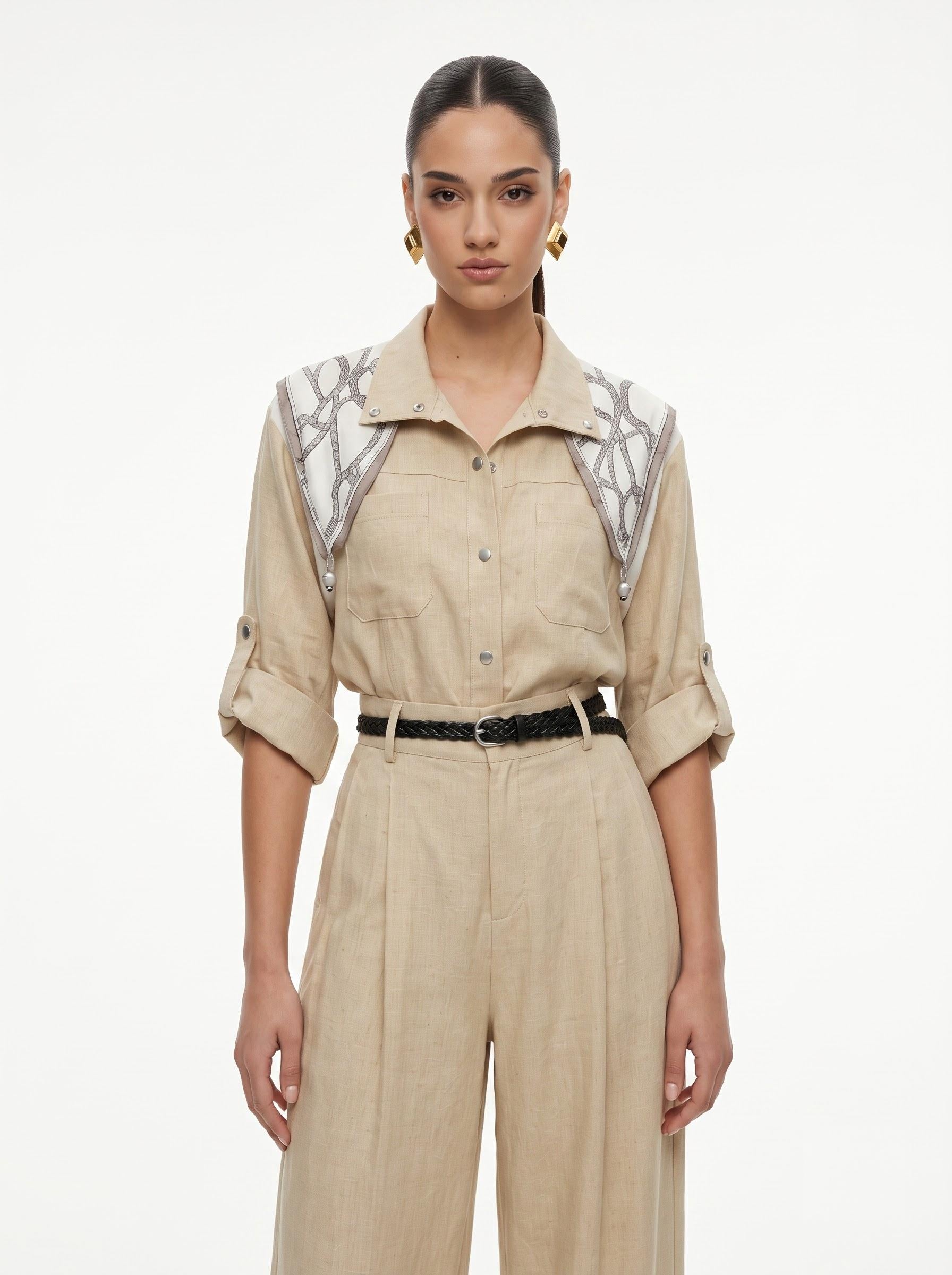 Printed Scarf Shirt & Wide-Leg Trousers Light beige 3-Piece Set