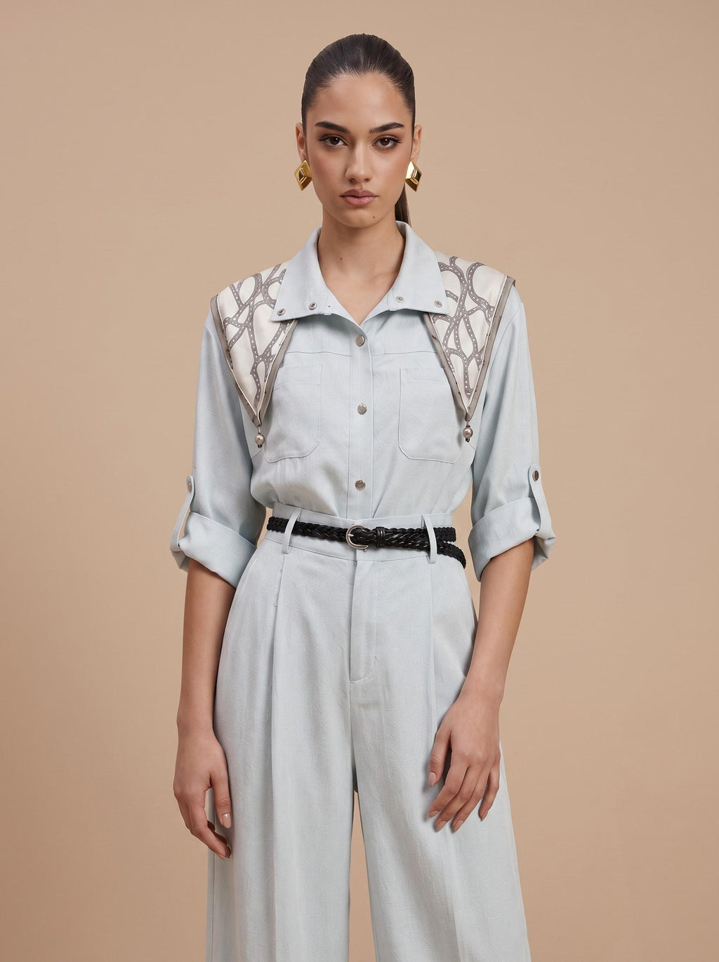 Printed Scarf Shirt & Wide-Leg Trousers Light Blue 3-Piece Set