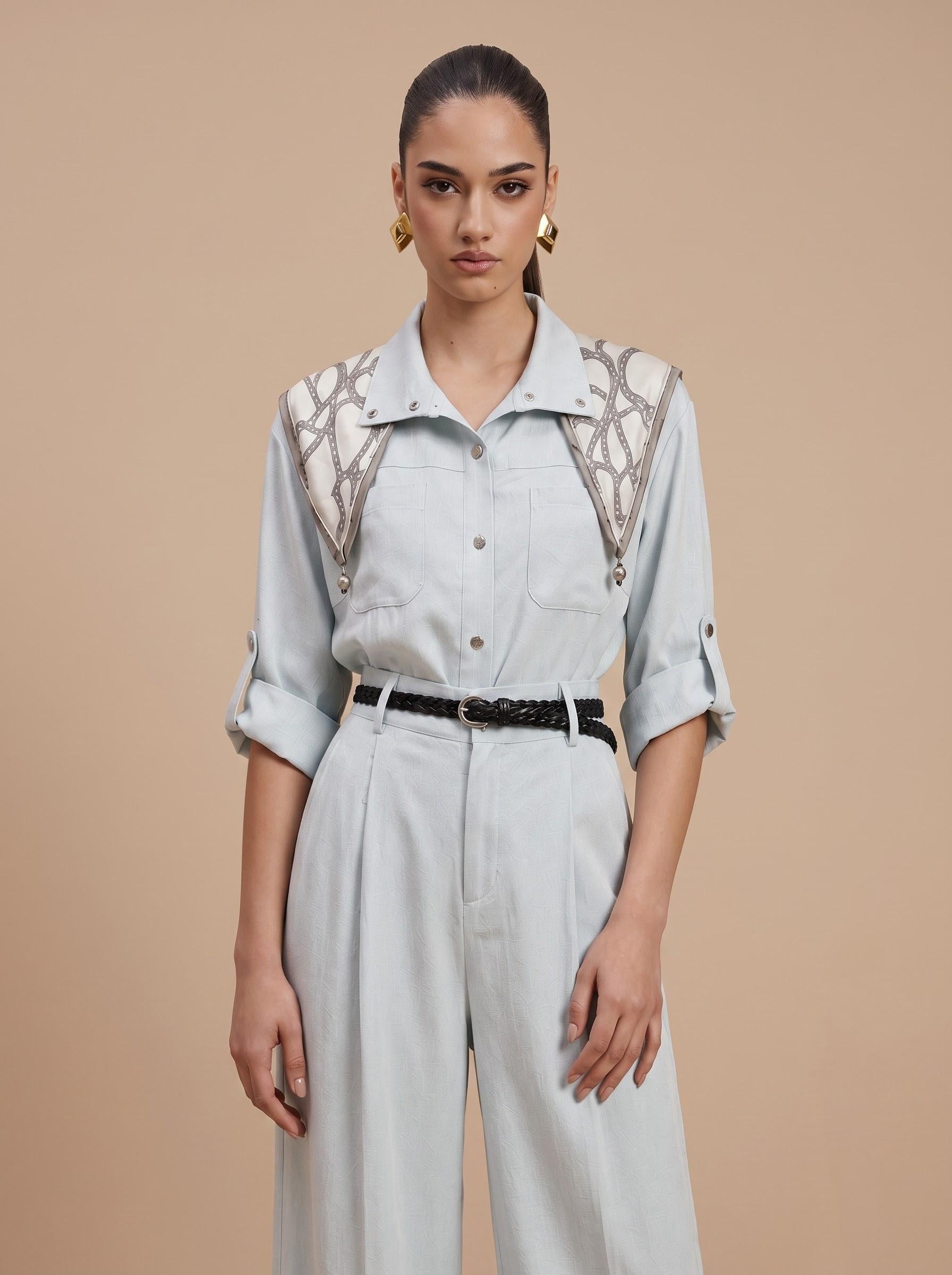 Printed Scarf Shirt & Wide-Leg Trousers Light Blue 3-Piece Set