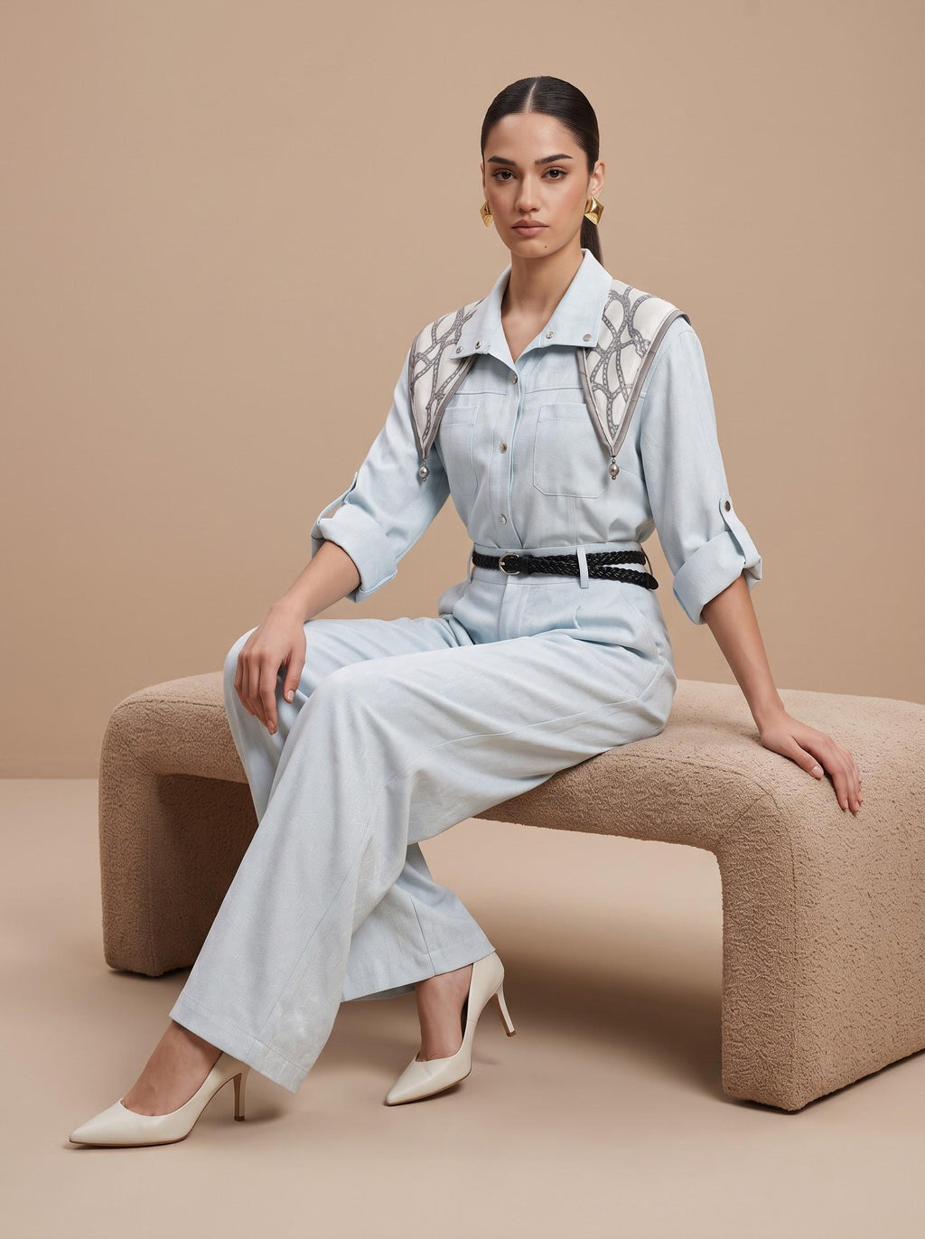 Printed Scarf Shirt & Wide-Leg Trousers Light Blue 3-Piece Set