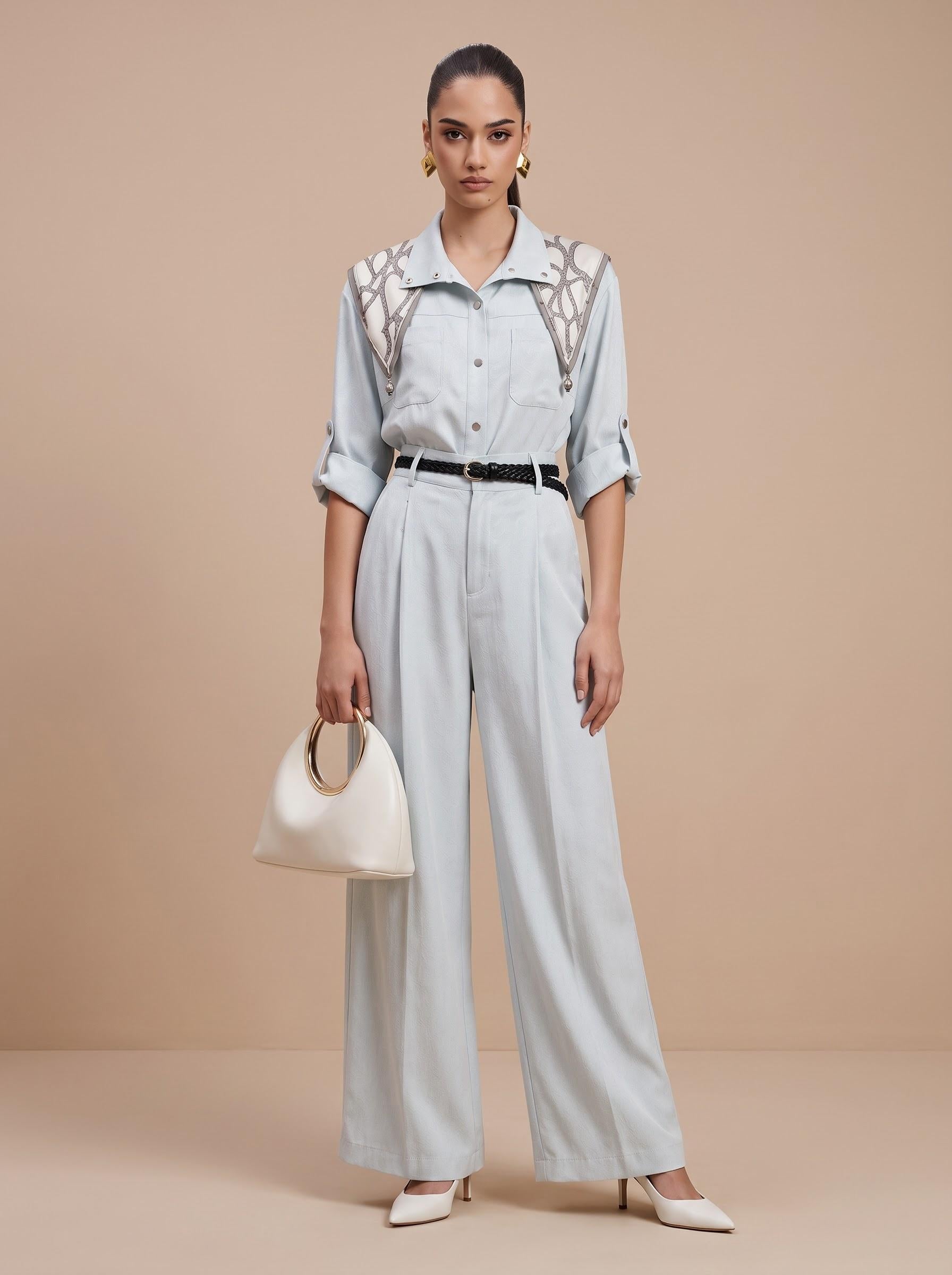 Printed Scarf Shirt & Wide-Leg Trousers Light Blue 3-Piece Set