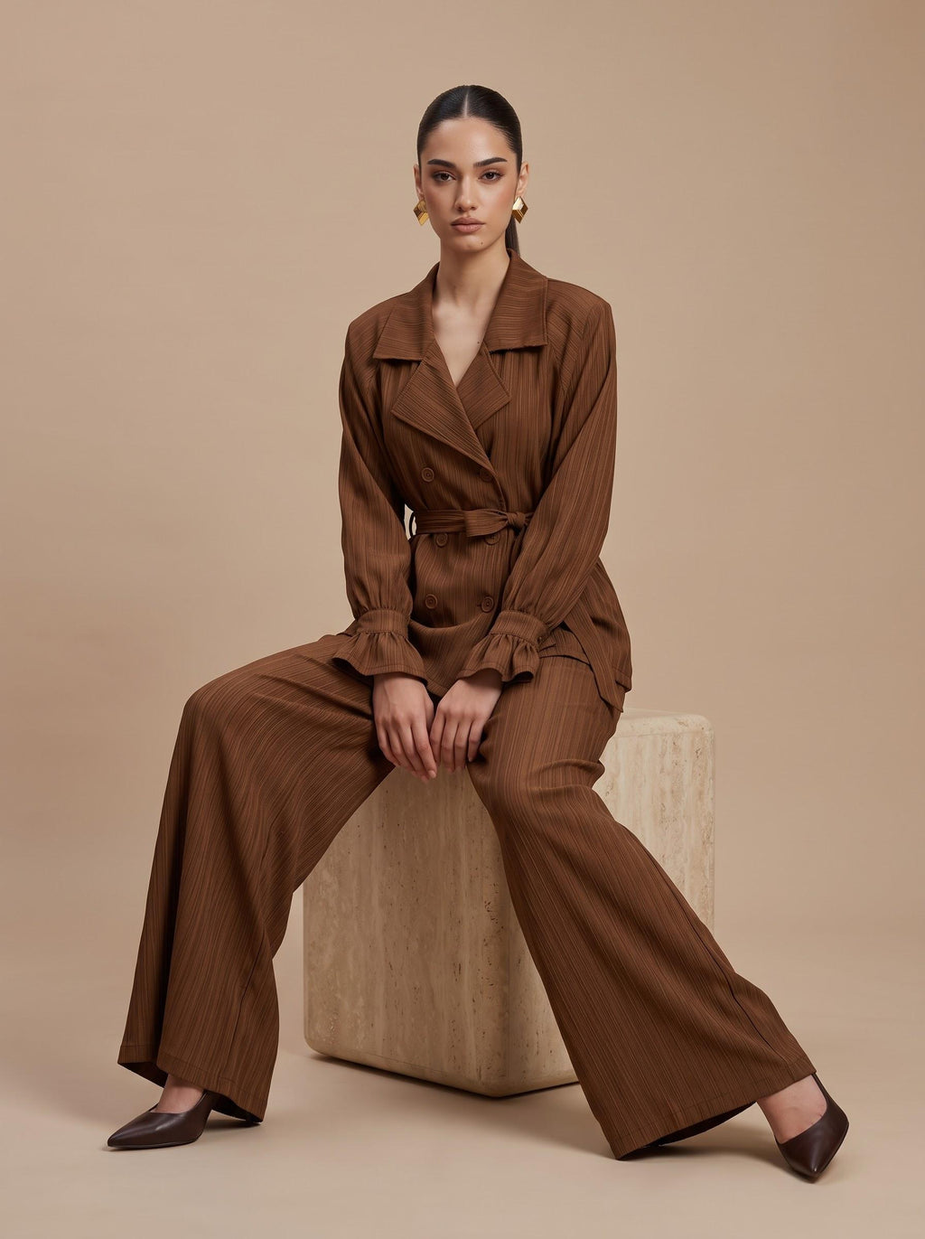 Belted Crinkle Satin Double-Breasted Blazer & Wide-Leg Trousers mocha Co-ord Set