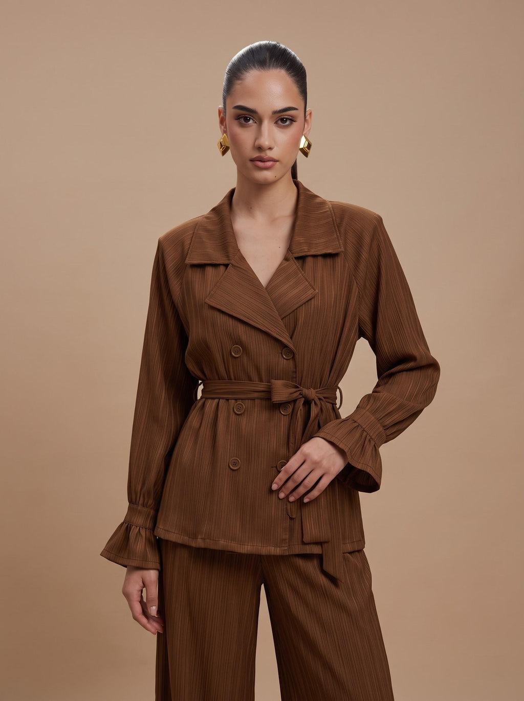 Belted Crinkle Satin Double-Breasted Blazer & Wide-Leg Trousers mocha Co-ord Set