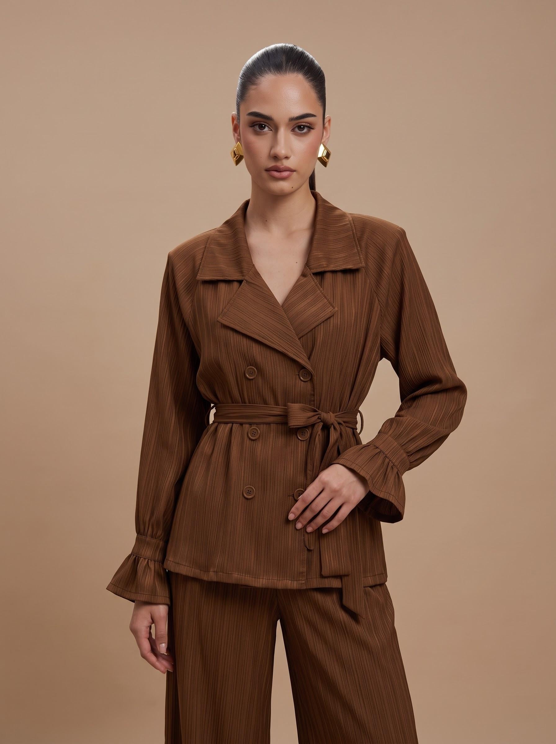 Belted Crinkle Satin Double-Breasted Blazer & Wide-Leg Trousers mocha Co-ord Set
