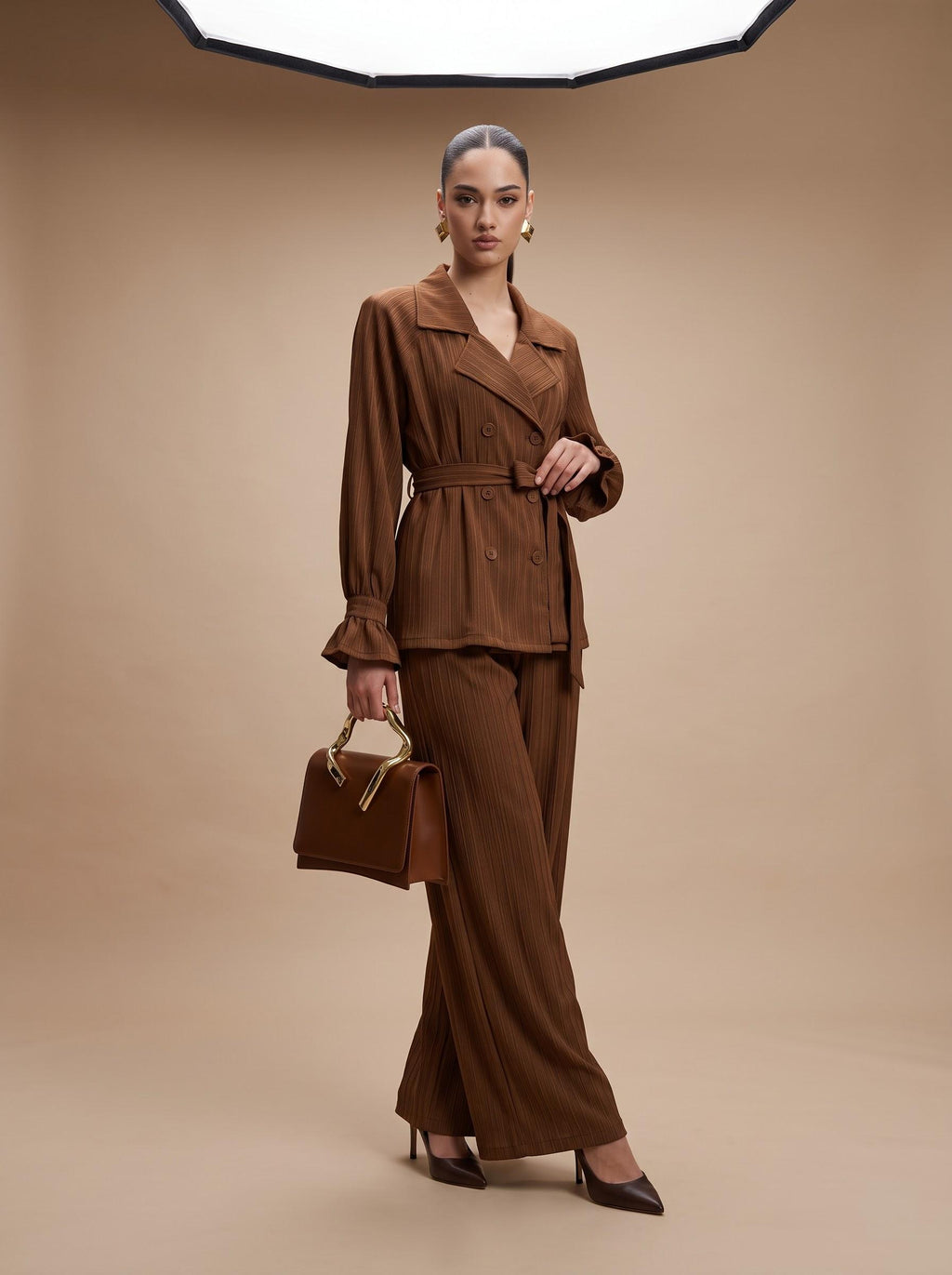 Belted Crinkle Satin Double-Breasted Blazer & Wide-Leg Trousers mocha Co-ord Set