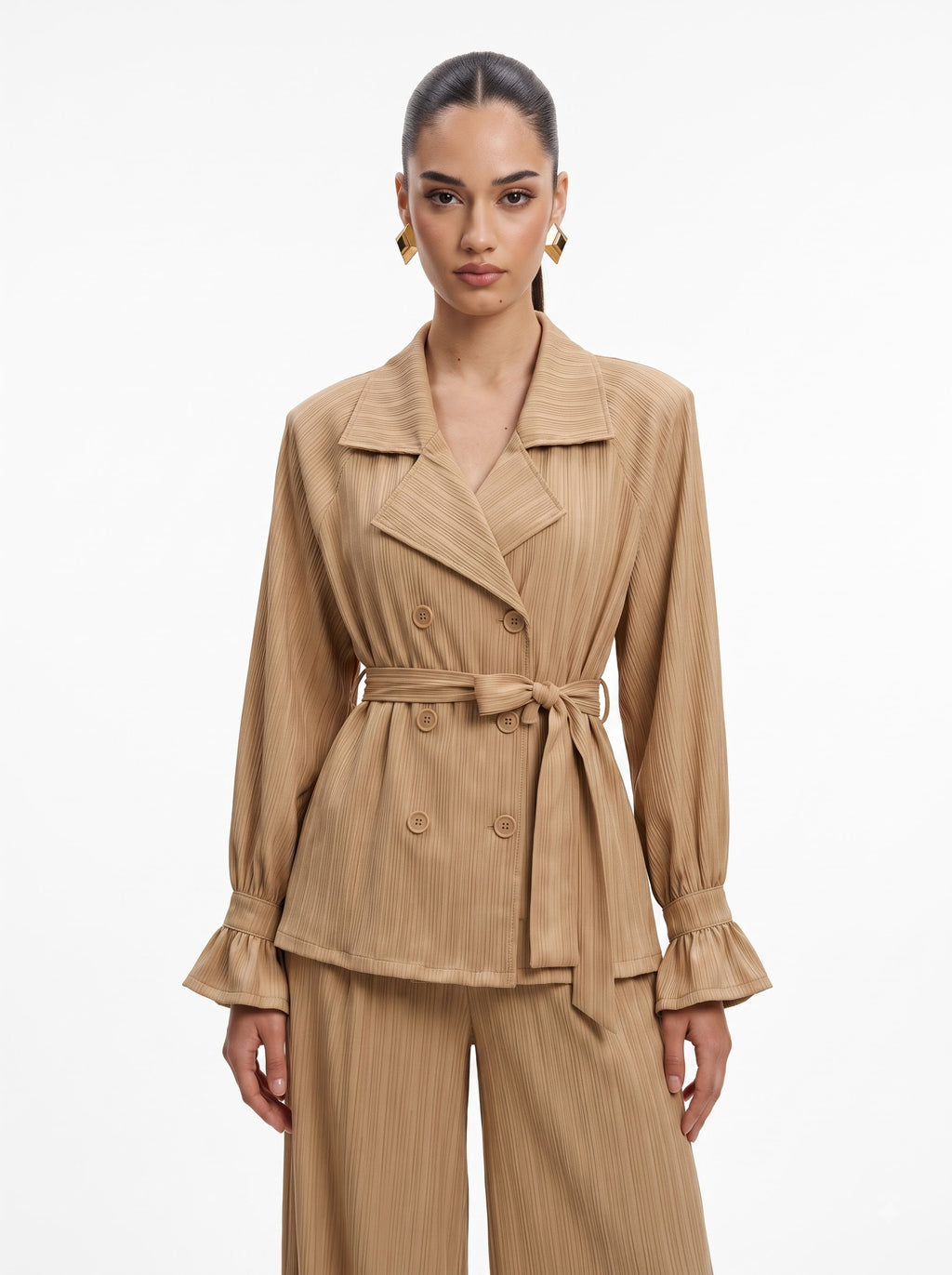 Belted Crinkle Satin Double-Breasted Blazer & Wide-Leg Trousers Camel Co-ord Set