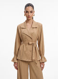 Belted Crinkle Satin Double-Breasted Blazer & Wide-Leg Trousers Camel Co-ord Set