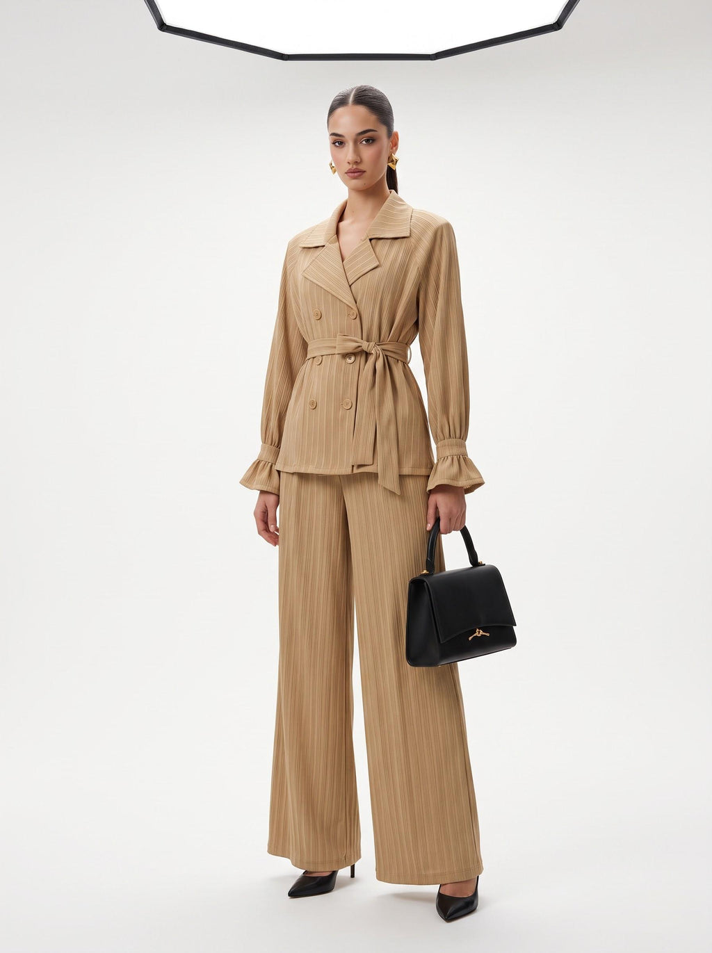 Belted Crinkle Satin Double-Breasted Blazer & Wide-Leg Trousers Camel Co-ord Set