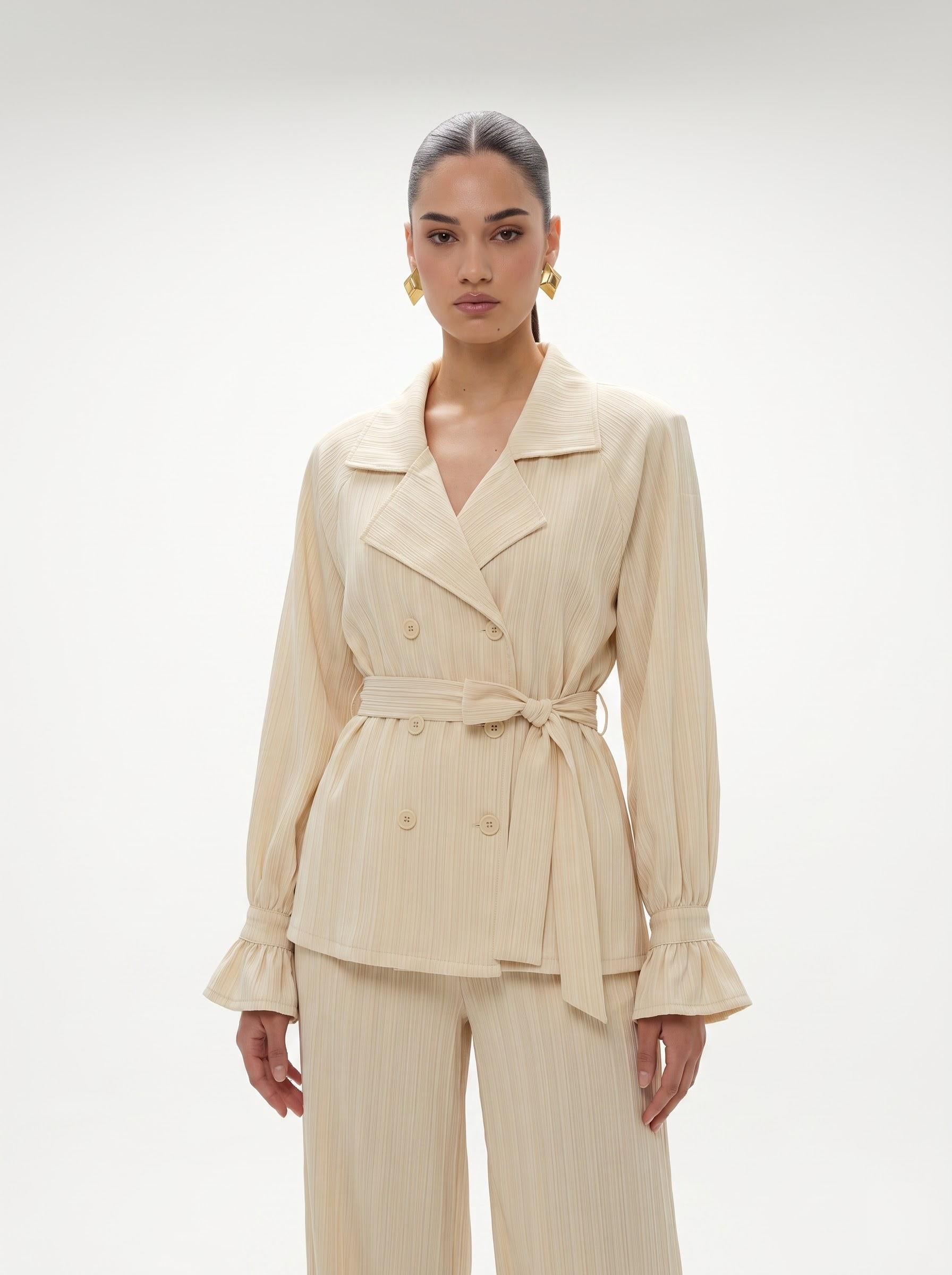 Belted Crinkle Satin Double-Breasted Blazer & Wide-Leg Trousers off white Co-ord Set