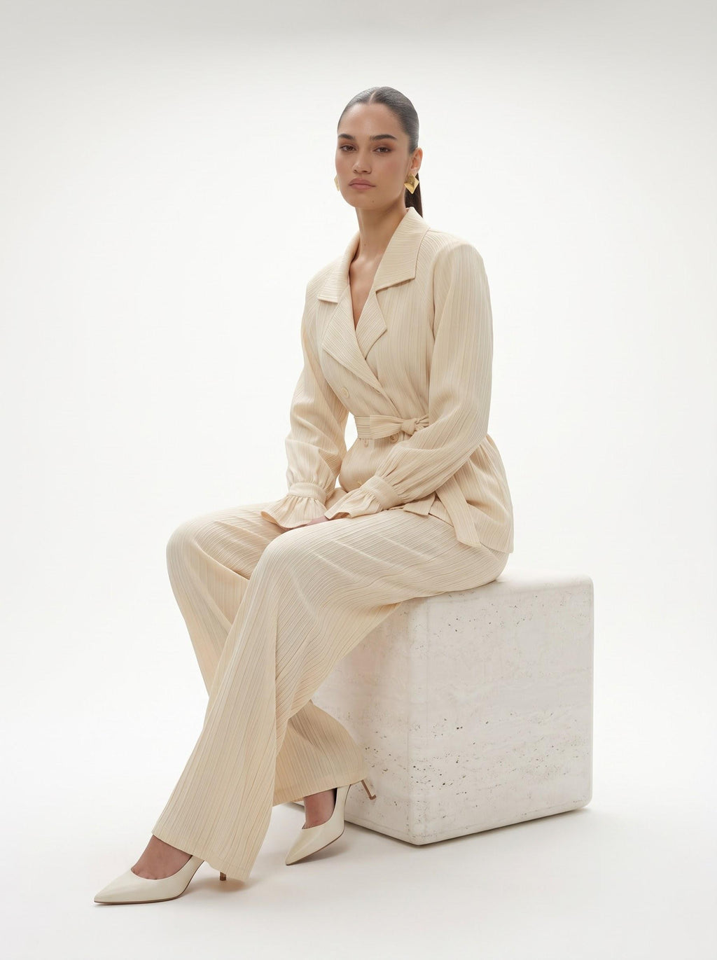 Belted Crinkle Satin Double-Breasted Blazer & Wide-Leg Trousers off white Co-ord Set