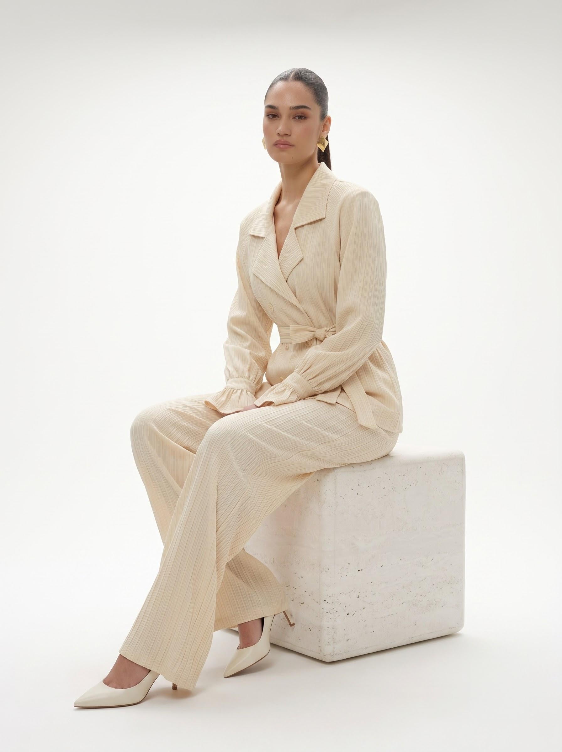 Belted Crinkle Satin Double-Breasted Blazer & Wide-Leg Trousers off white Co-ord Set