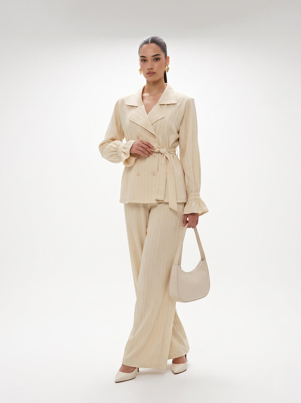 Belted Crinkle Satin Double-Breasted Blazer & Wide-Leg Trousers off white Co-ord Set
