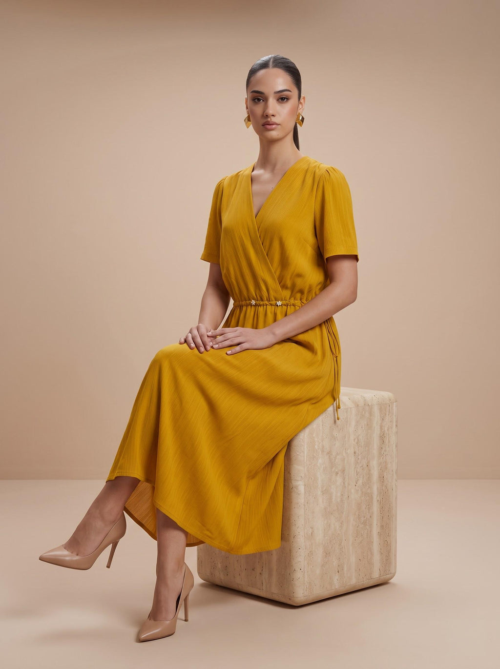 Mustard Yellow Textured Surplice V-Neck Midi Dress