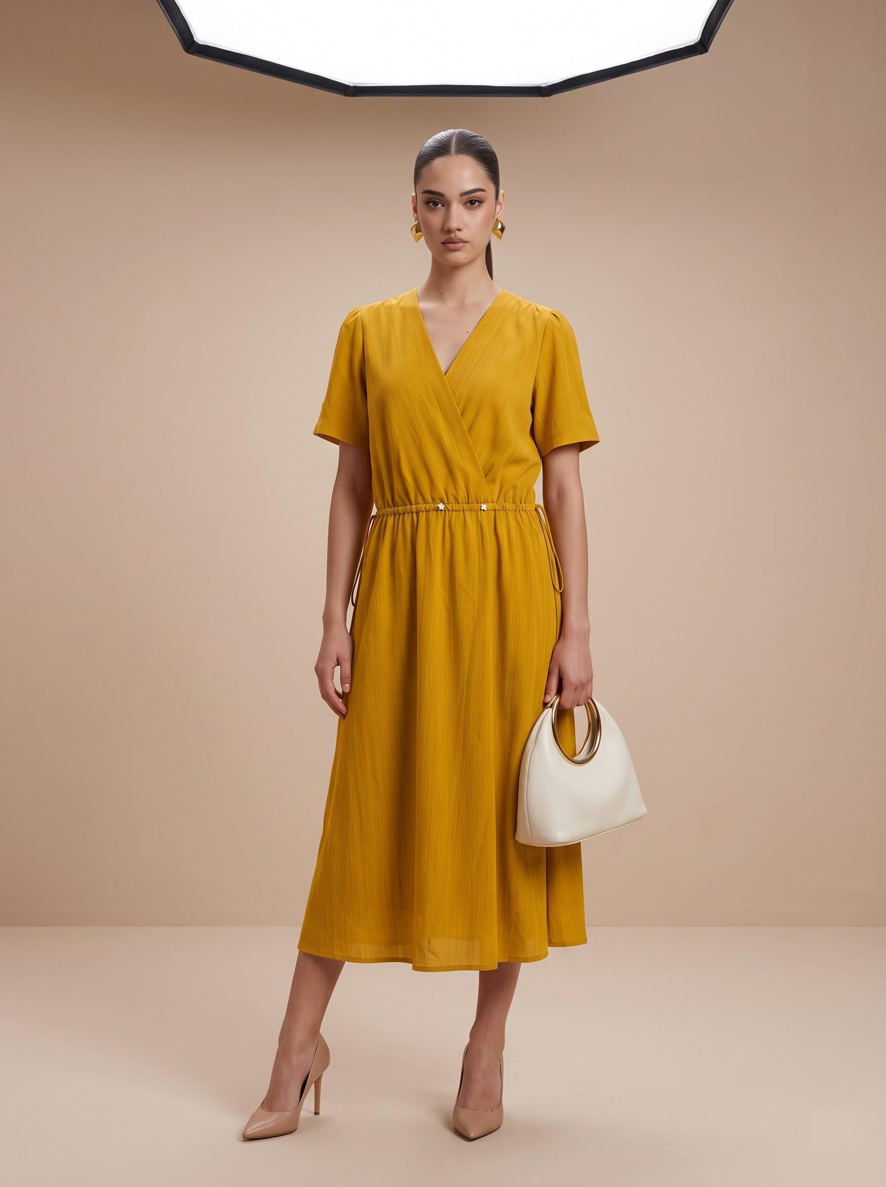 Mustard Yellow Textured Surplice V-Neck Midi Dress