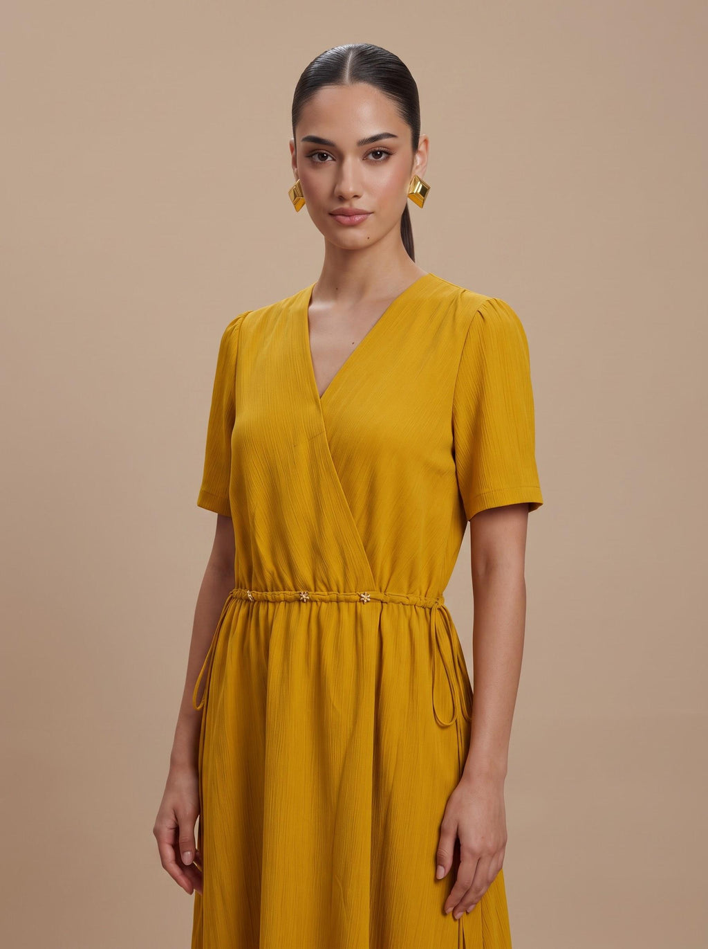 Mustard Yellow Textured Surplice V-Neck Midi Dress