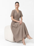 Textured Crinkle V-Neck Flutter Sleeve Midi Dress