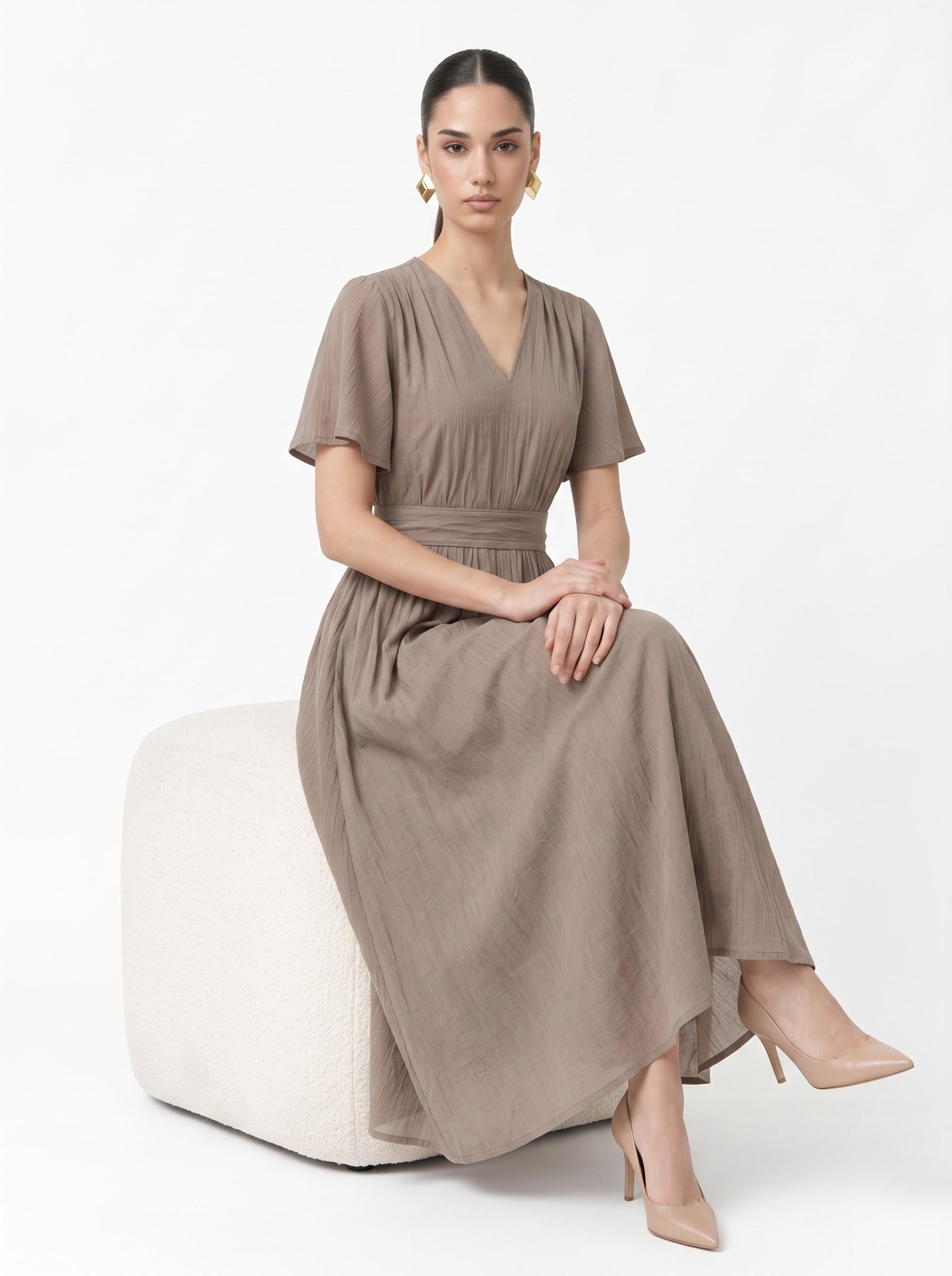 Textured Crinkle V-Neck Flutter Sleeve Midi Dress