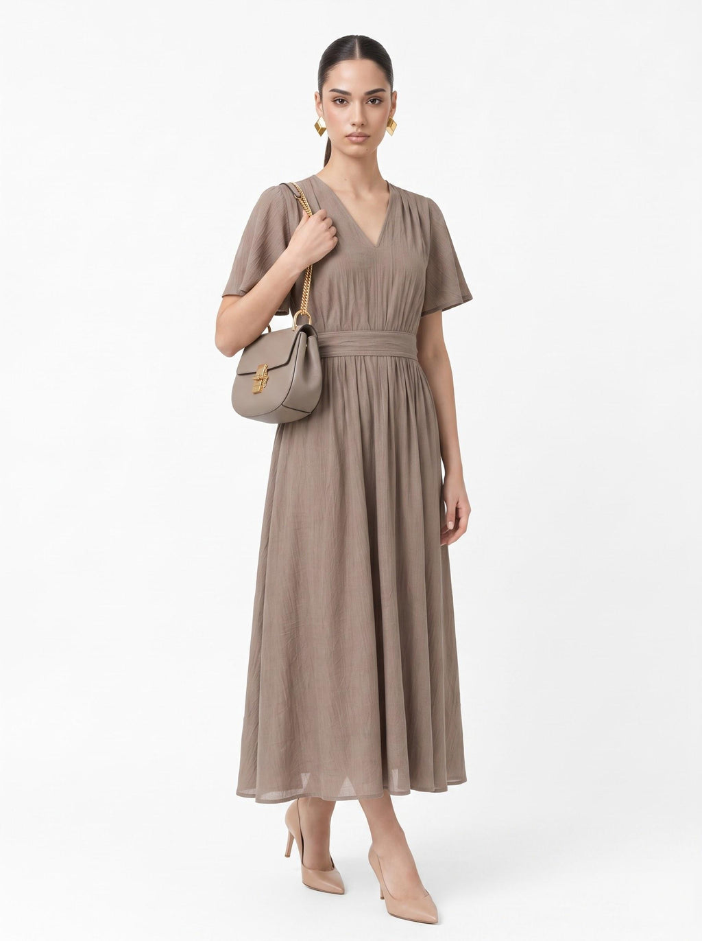 Textured Crinkle V-Neck Flutter Sleeve Midi Dress