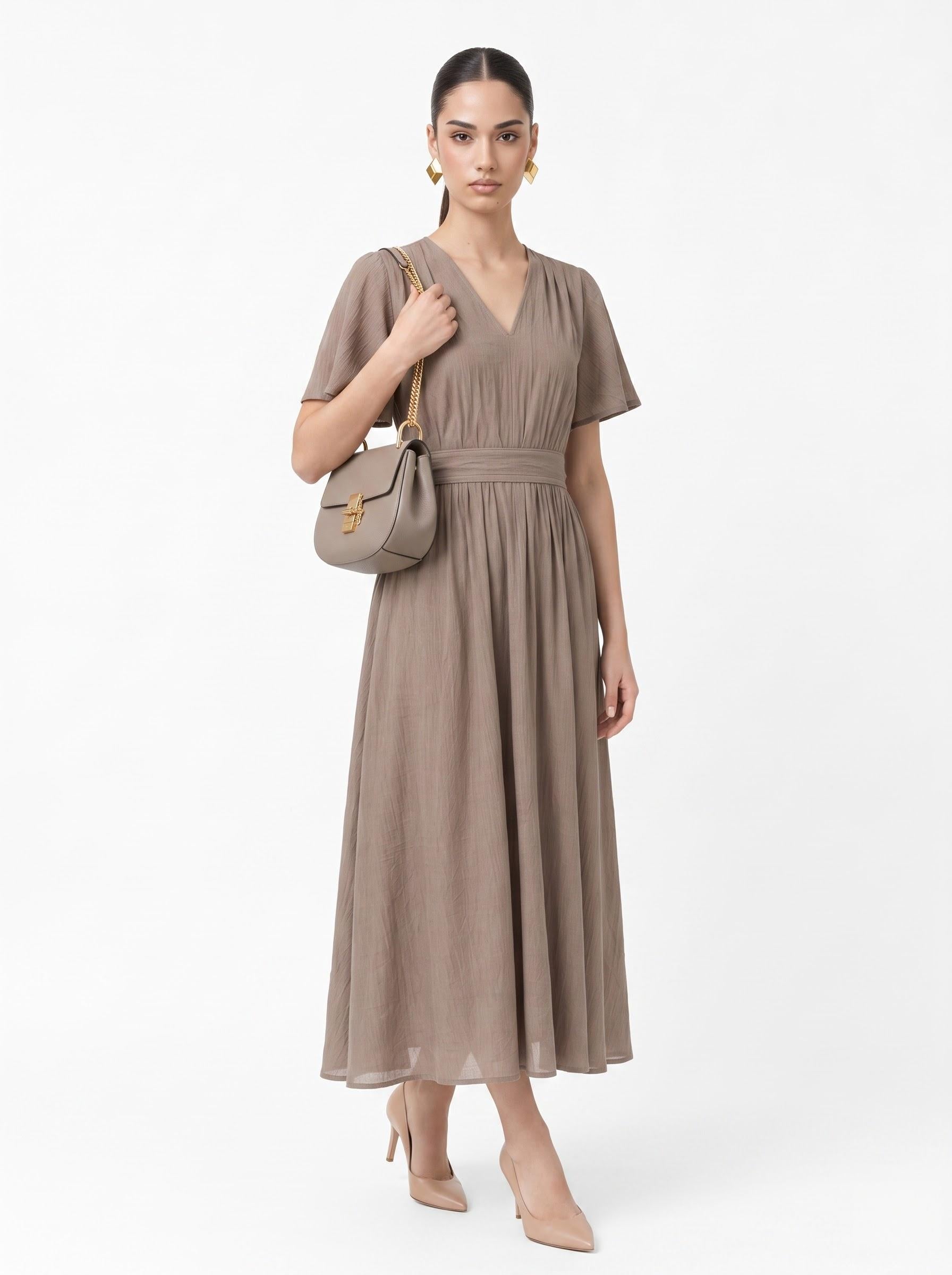 Textured Crinkle V-Neck Flutter Sleeve Midi Dress