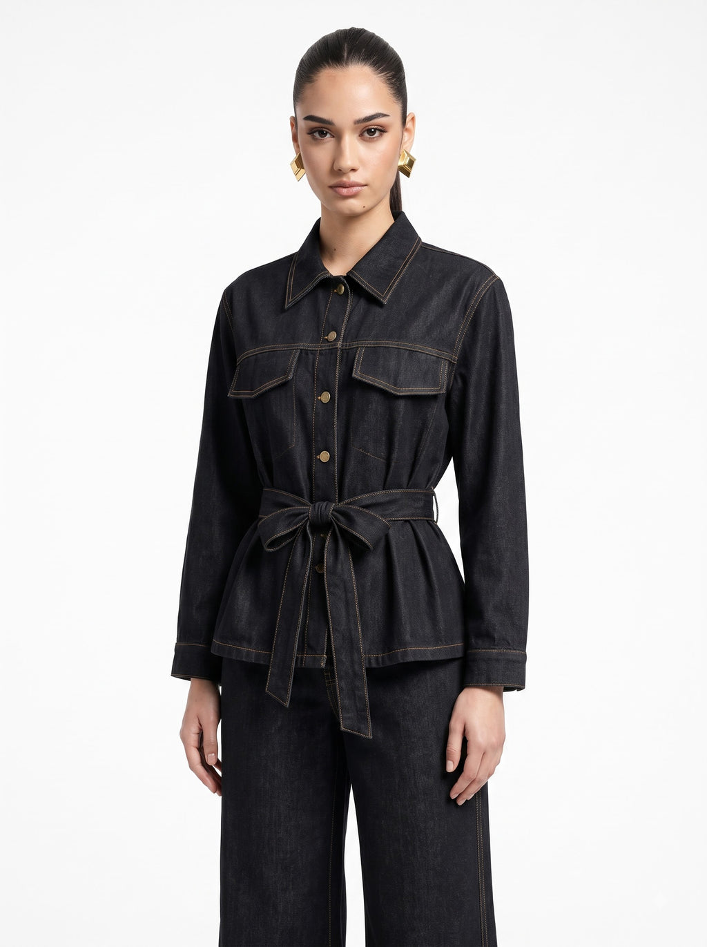 Belted Contrast-Stitch Jacket & Trousers black Co-ord Set