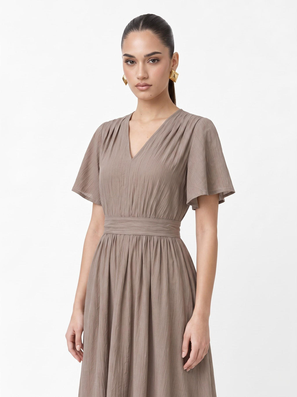 Textured Crinkle V-Neck Flutter Sleeve Midi Dress