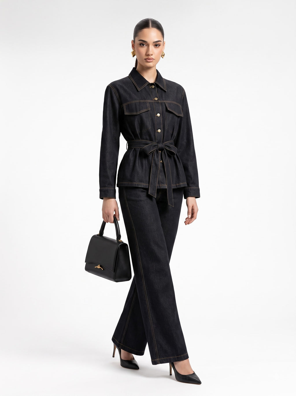 Belted Contrast-Stitch Jacket & Trousers black Co-ord Set