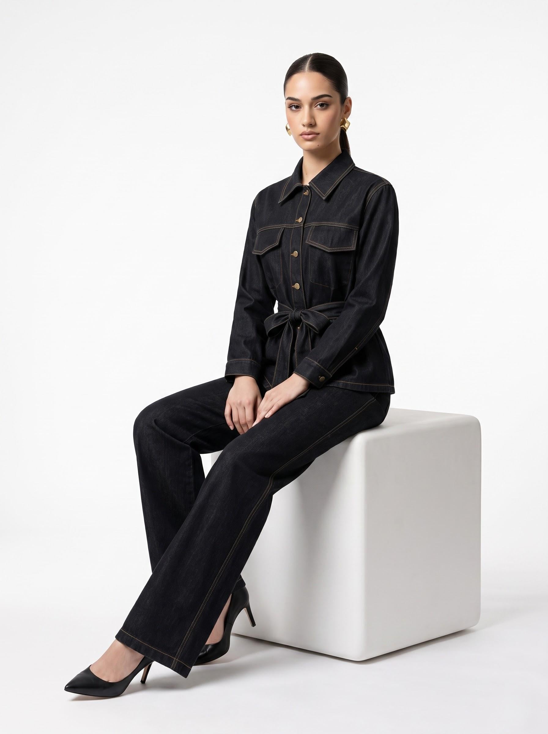 Belted Contrast-Stitch Jacket & Trousers black Co-ord Set