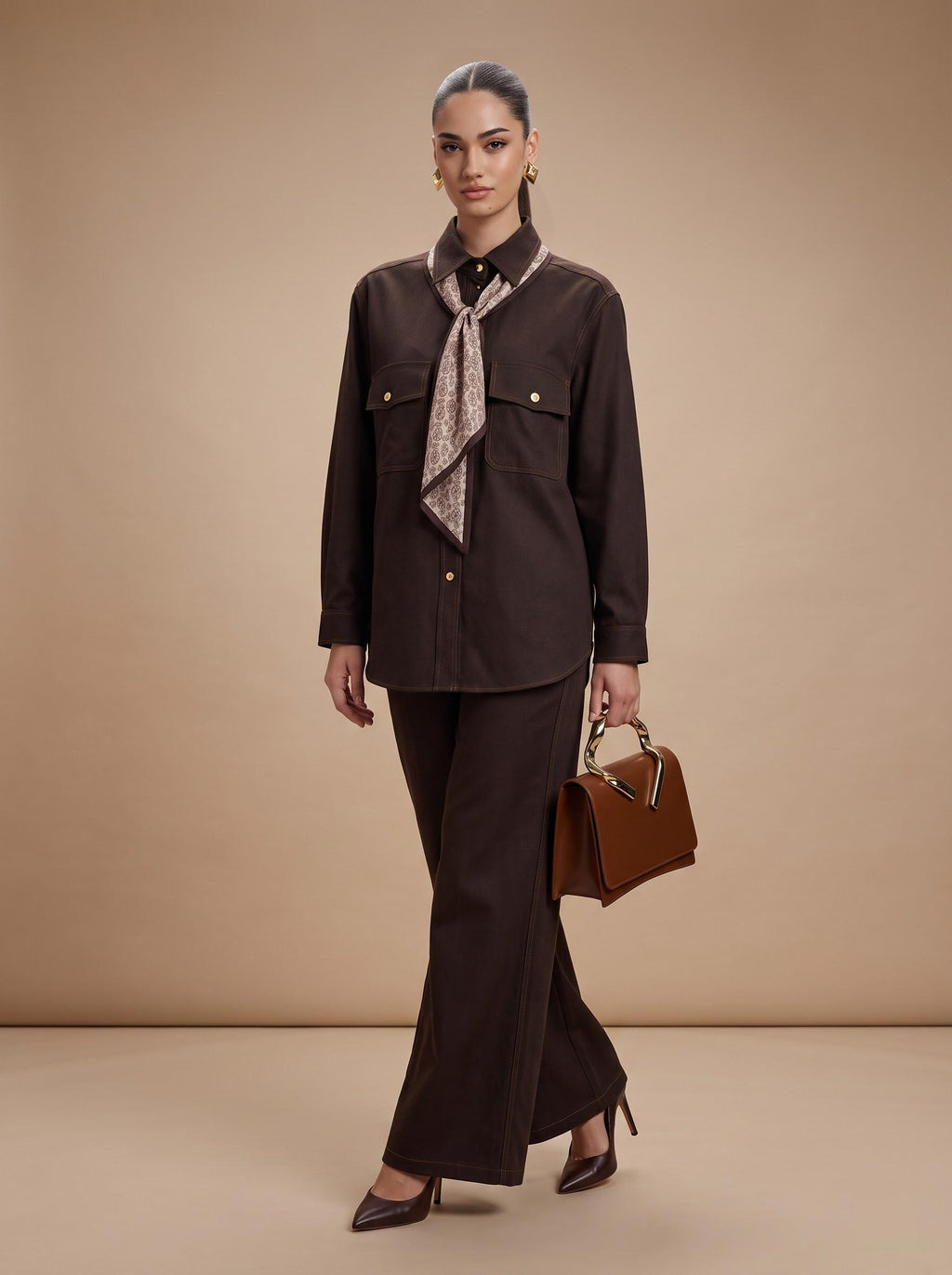Contrast-Stitch Shirt, Scarf & Trousers Espresso Brown 3-Piece Set