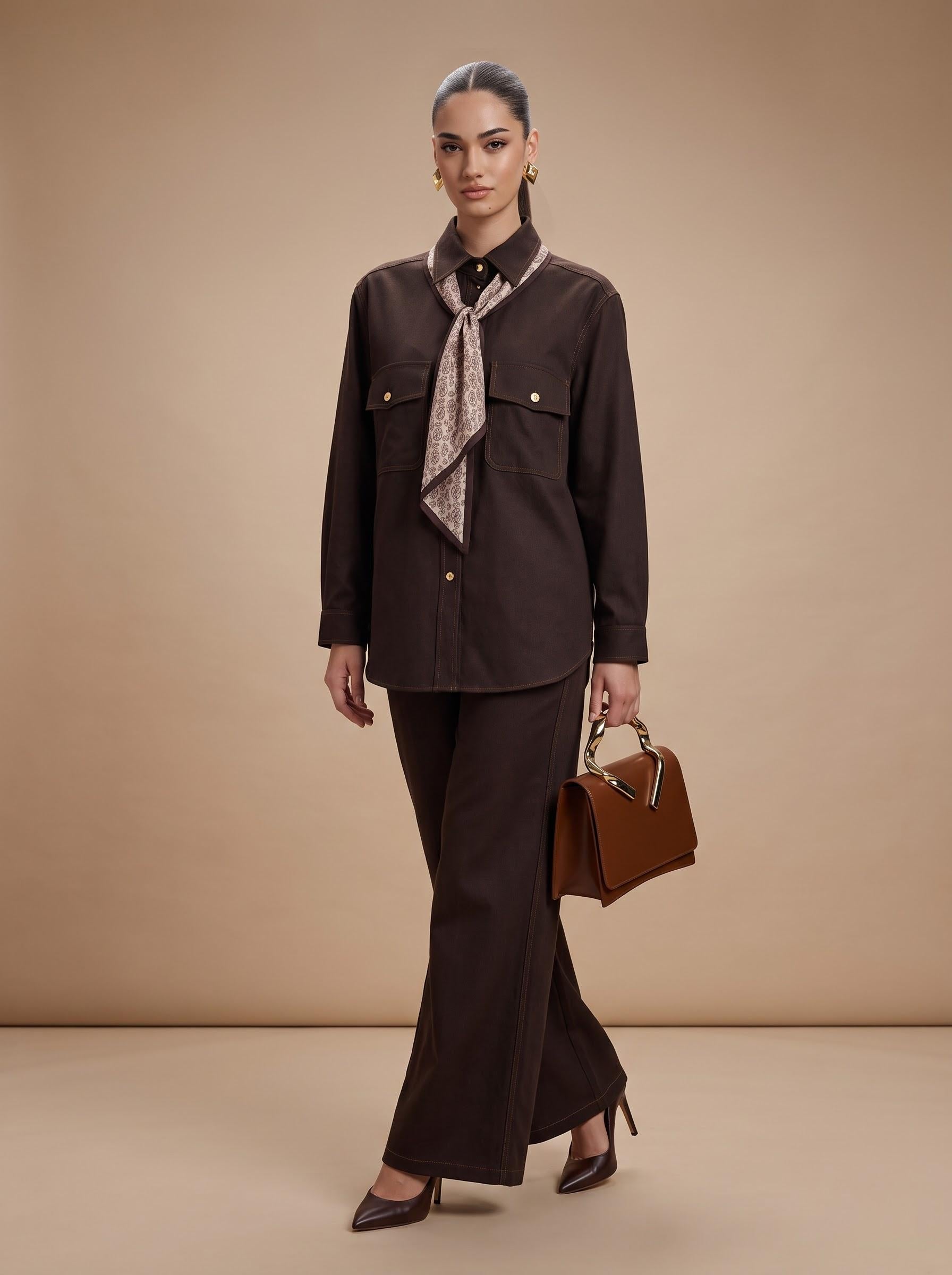 Contrast-Stitch Shirt, Scarf & Trousers Espresso Brown 3-Piece Set