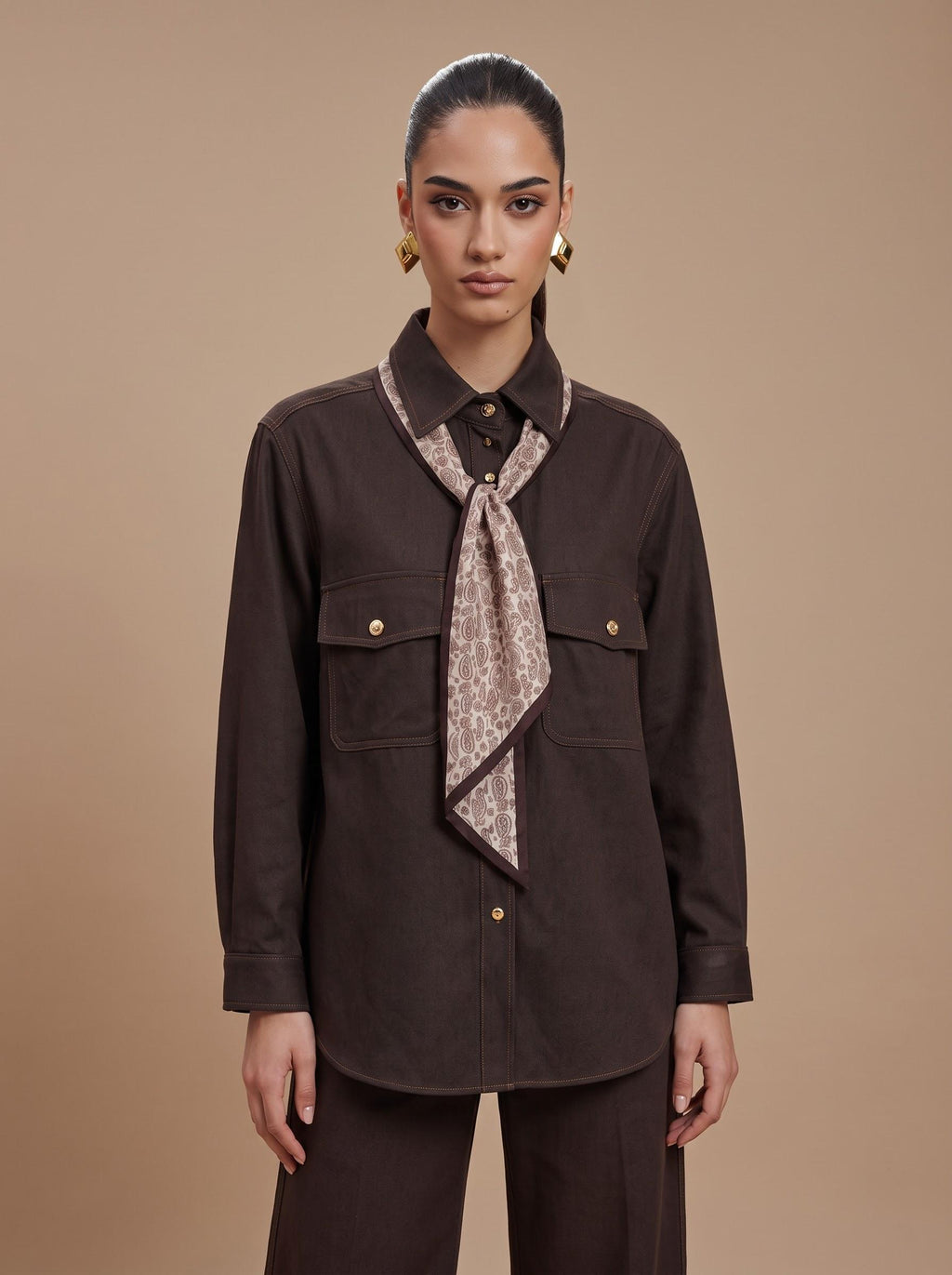 Contrast-Stitch Shirt, Scarf & Trousers Espresso Brown 3-Piece Set
