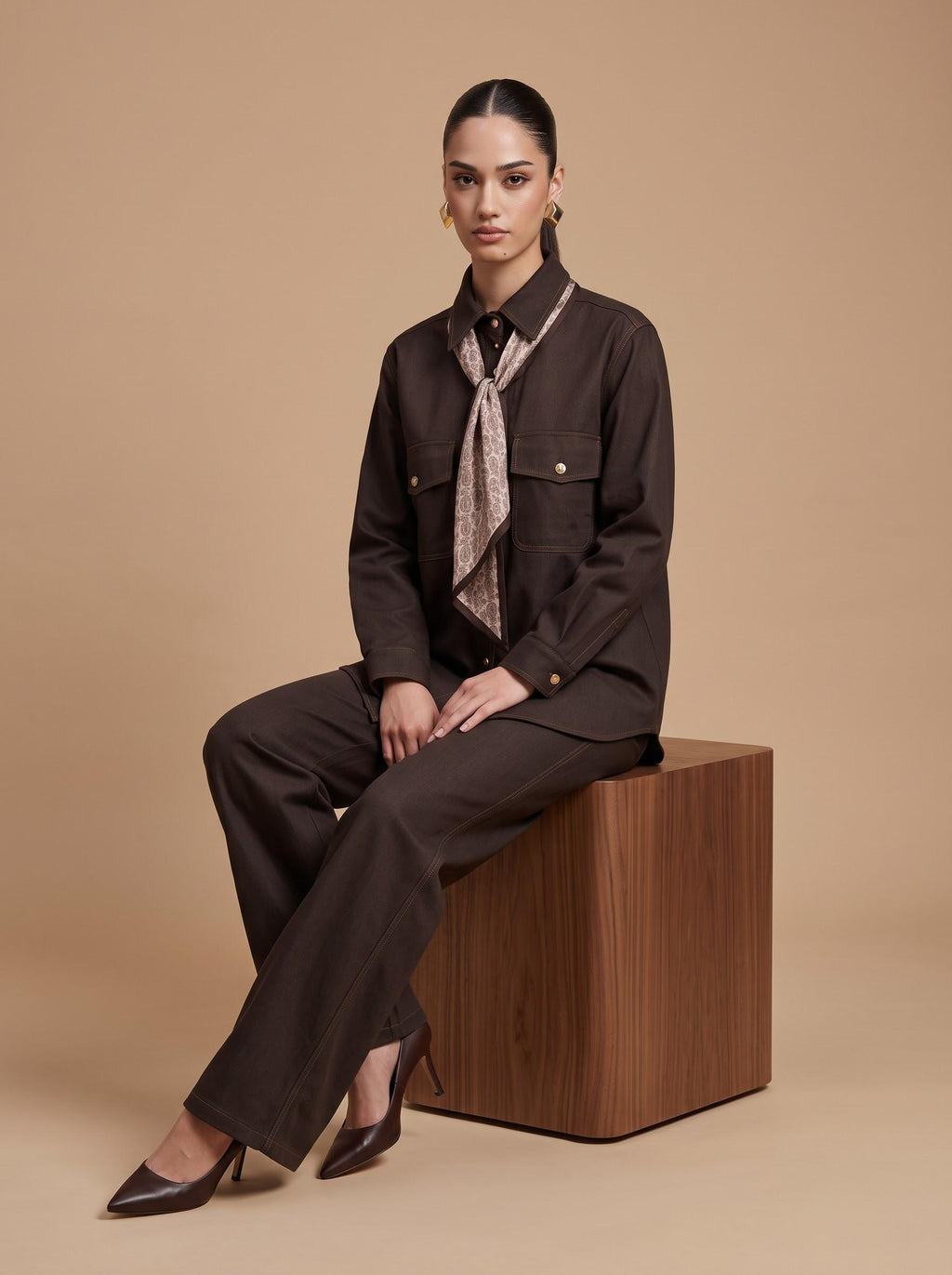 Contrast-Stitch Shirt, Scarf & Trousers Espresso Brown 3-Piece Set