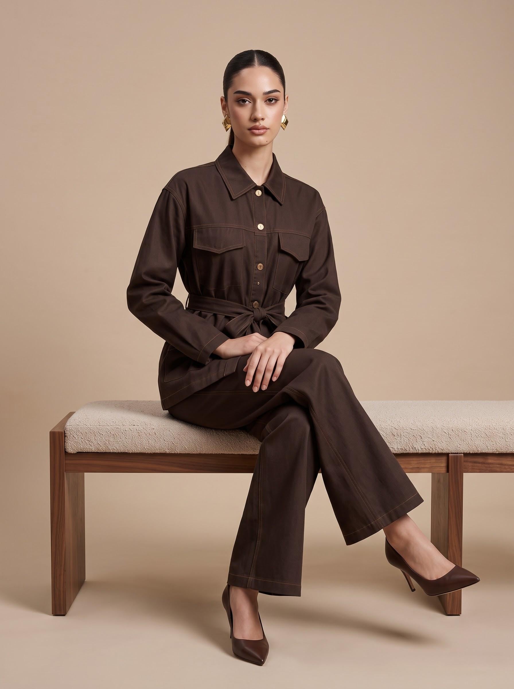 Belted Contrast-Stitch Jacket & Trousers brown Co-ord Set