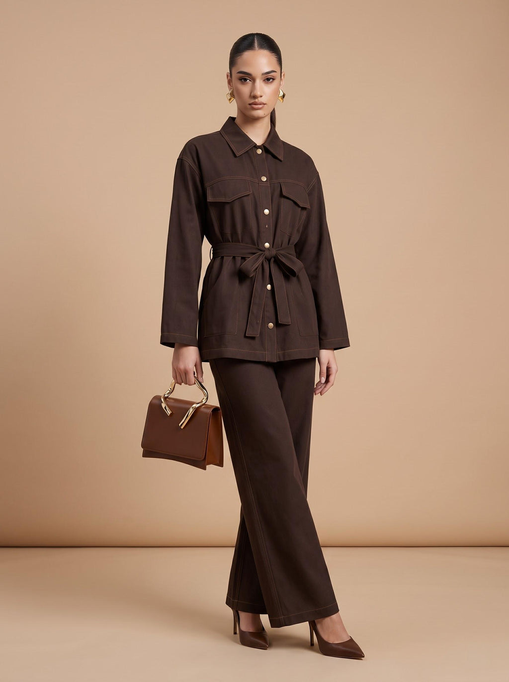 Belted Contrast-Stitch Jacket & Trousers brown Co-ord Set