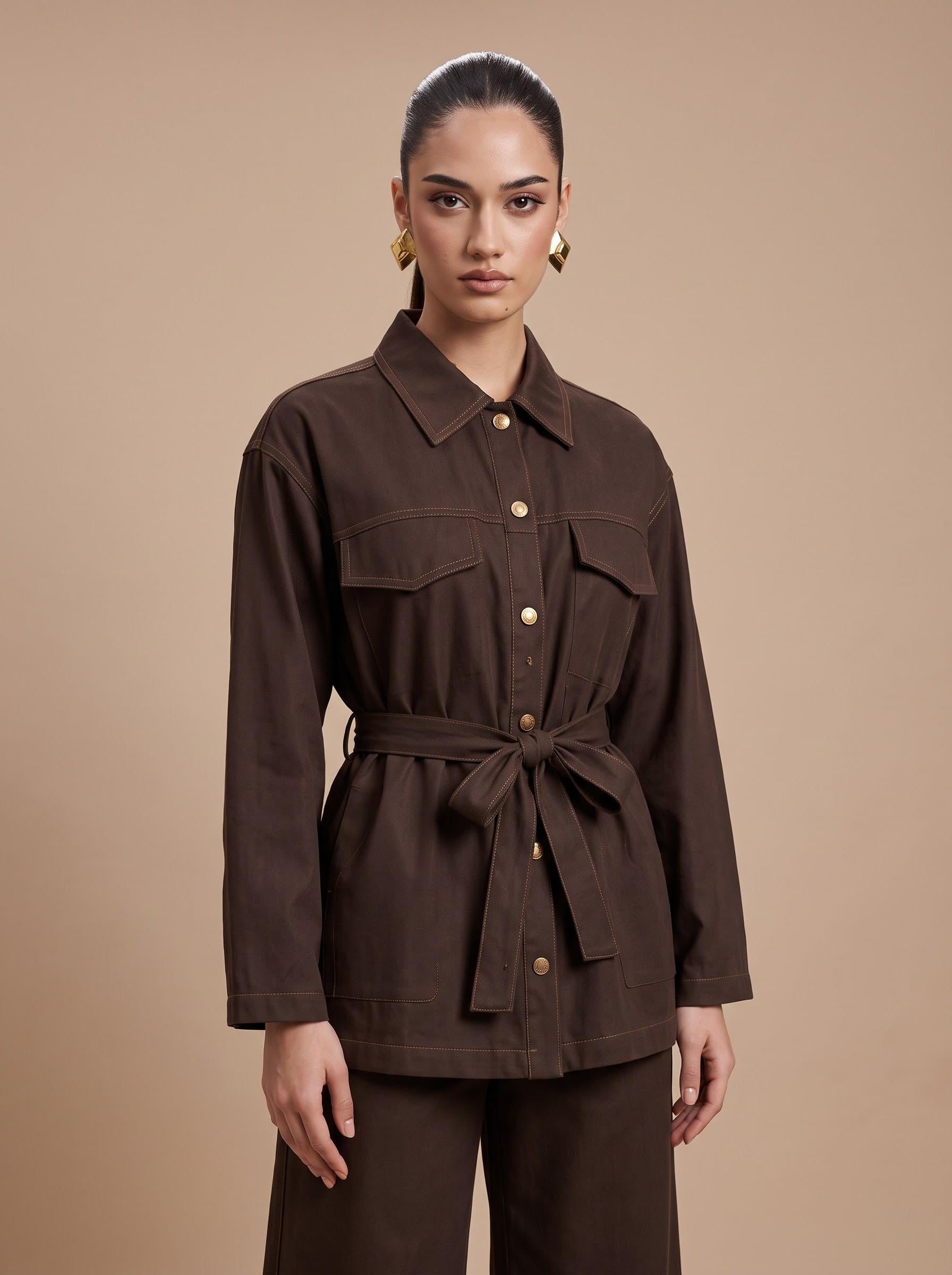 Belted Contrast-Stitch Jacket & Trousers brown Co-ord Set